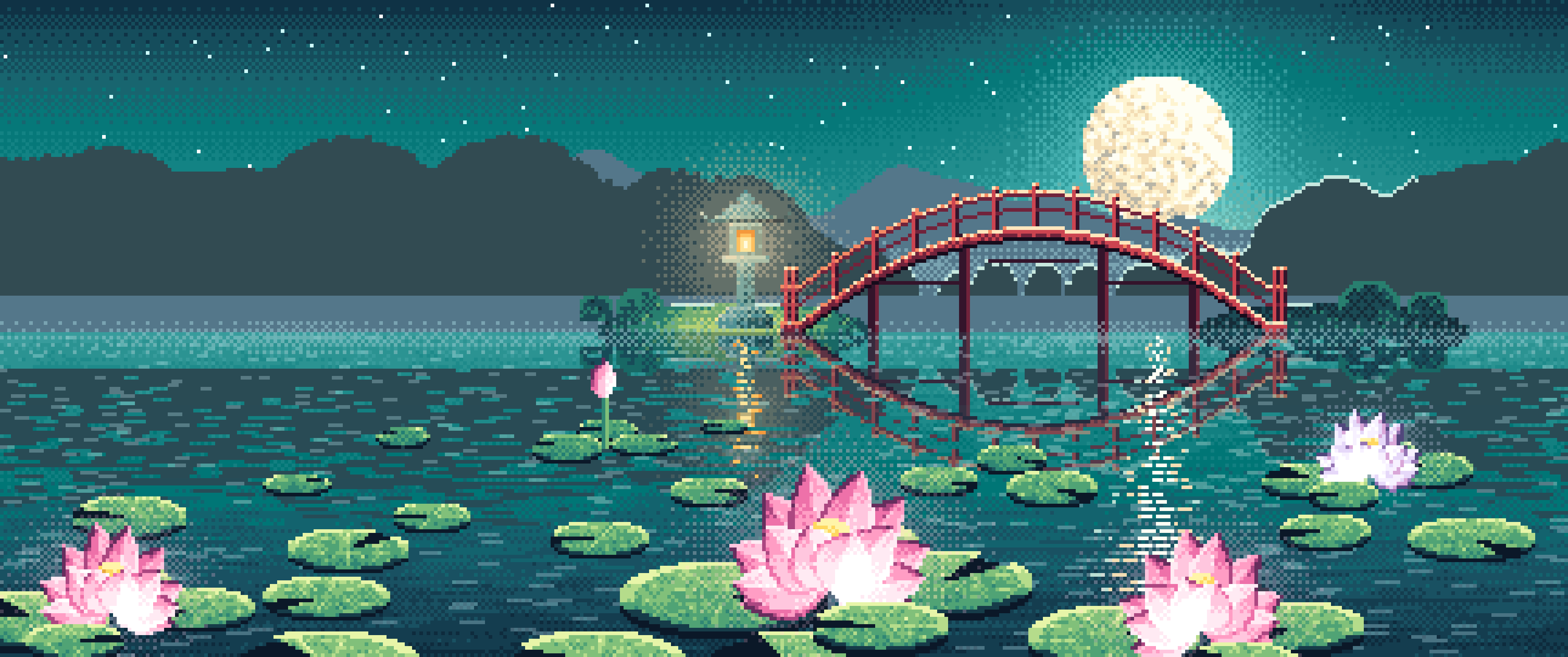 Teal Pixel Art Lotus Pond at Night ultrawide wallpaper, 3440 × 1440