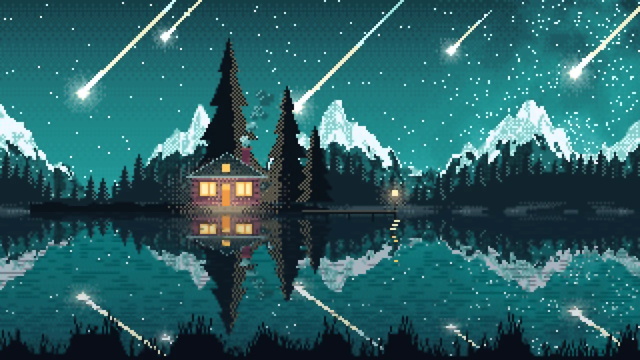 Teal Pixel Art Meteor Shower over a Lake desktop wallpaper in 4K