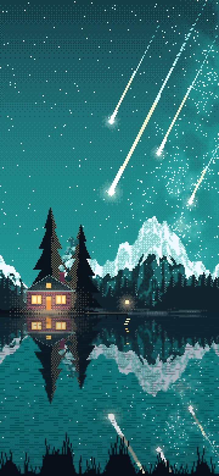 Teal Pixel Art Meteor Shower over a Lake wallpaper for iPhone and Android