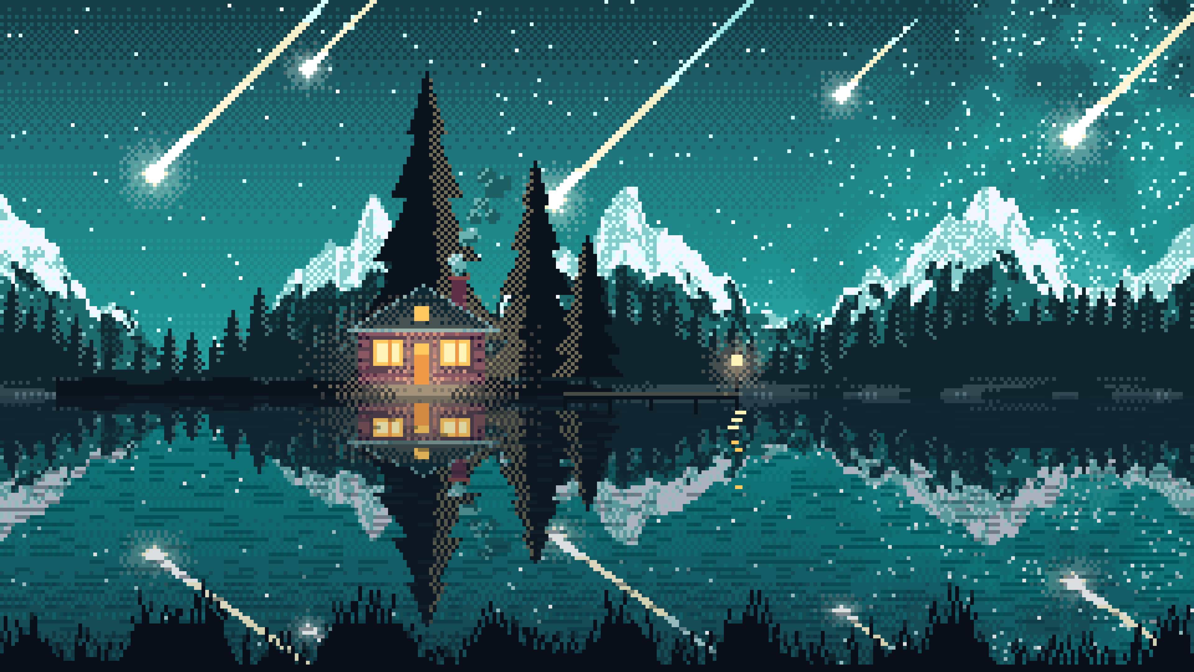 Teal Pixel Art Meteor Shower over a Lake desktop wallpaper in 4K