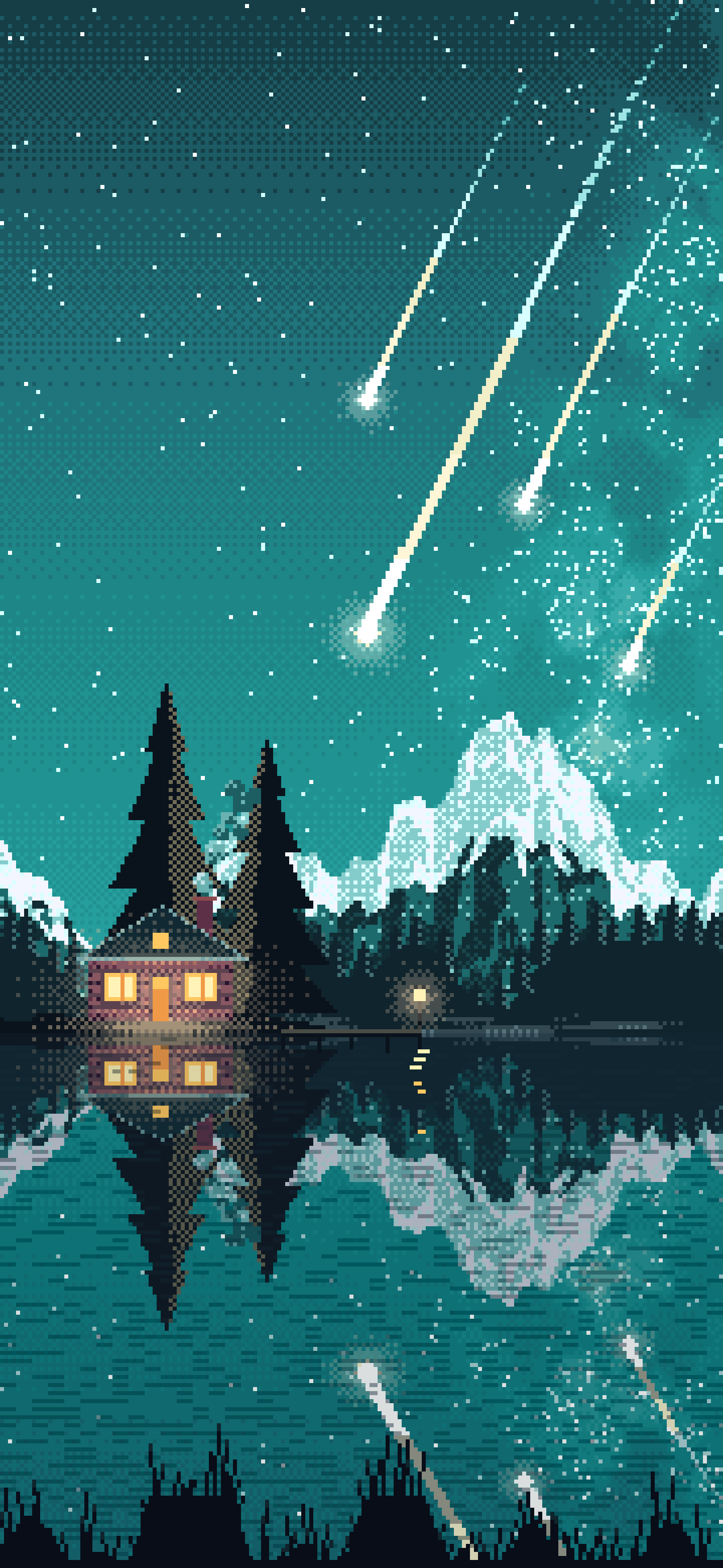Teal Pixel Art Meteor Shower over a Lake wallpaper for iPhone and Android