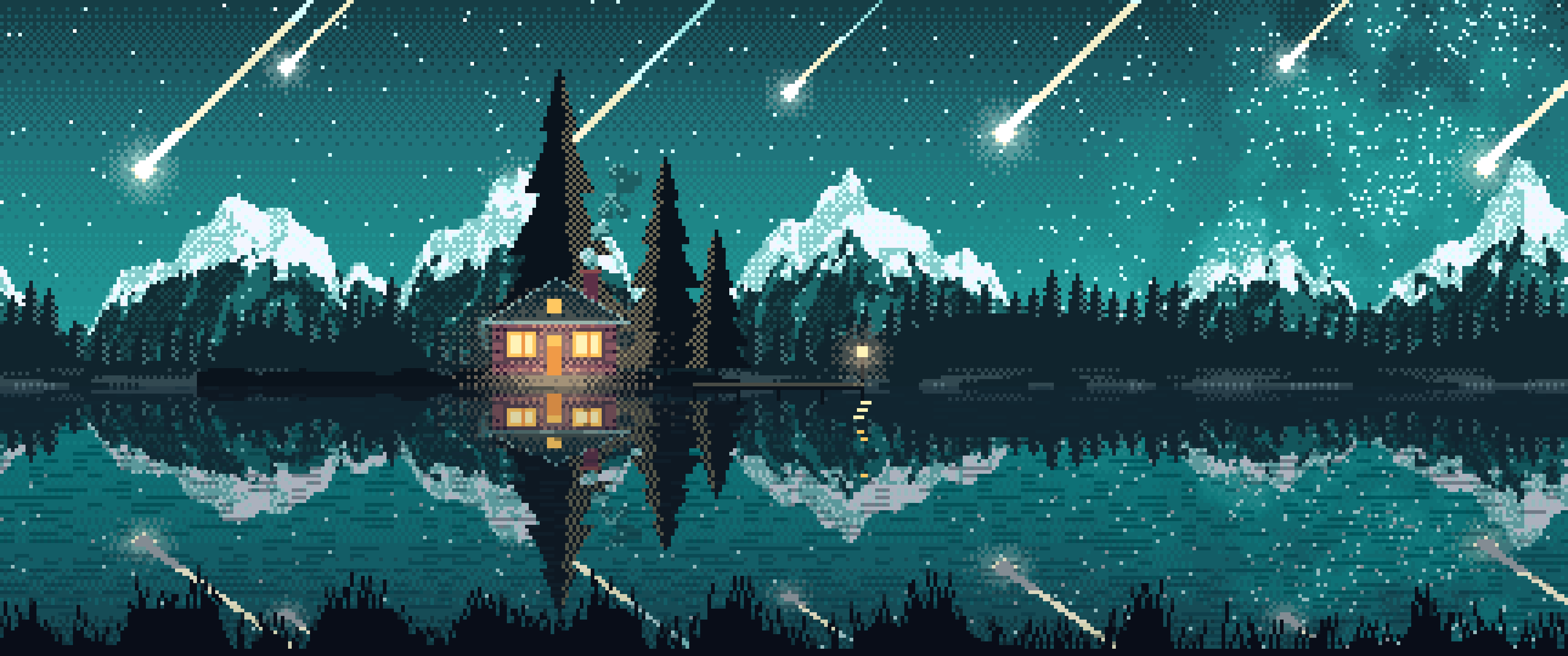 Teal Pixel Art Meteor Shower over a Lake ultrawide wallpaper, 3440 × 1440