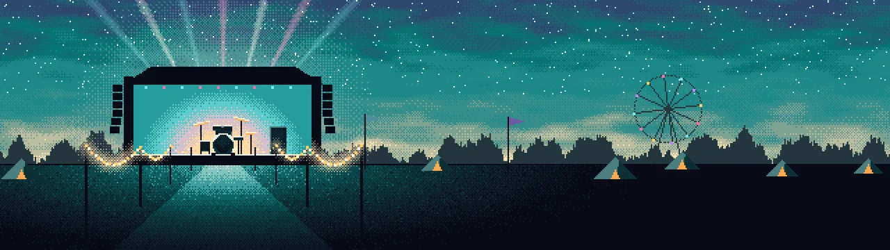 Teal Pixel Art Music Festival dual monitor wallpaper, 7680 × 2160