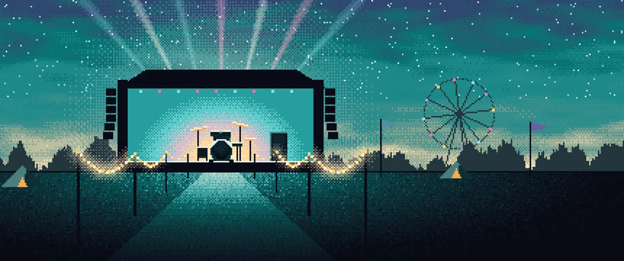 Teal Pixel Art Music Festival ultrawide wallpaper, 3440 × 1440