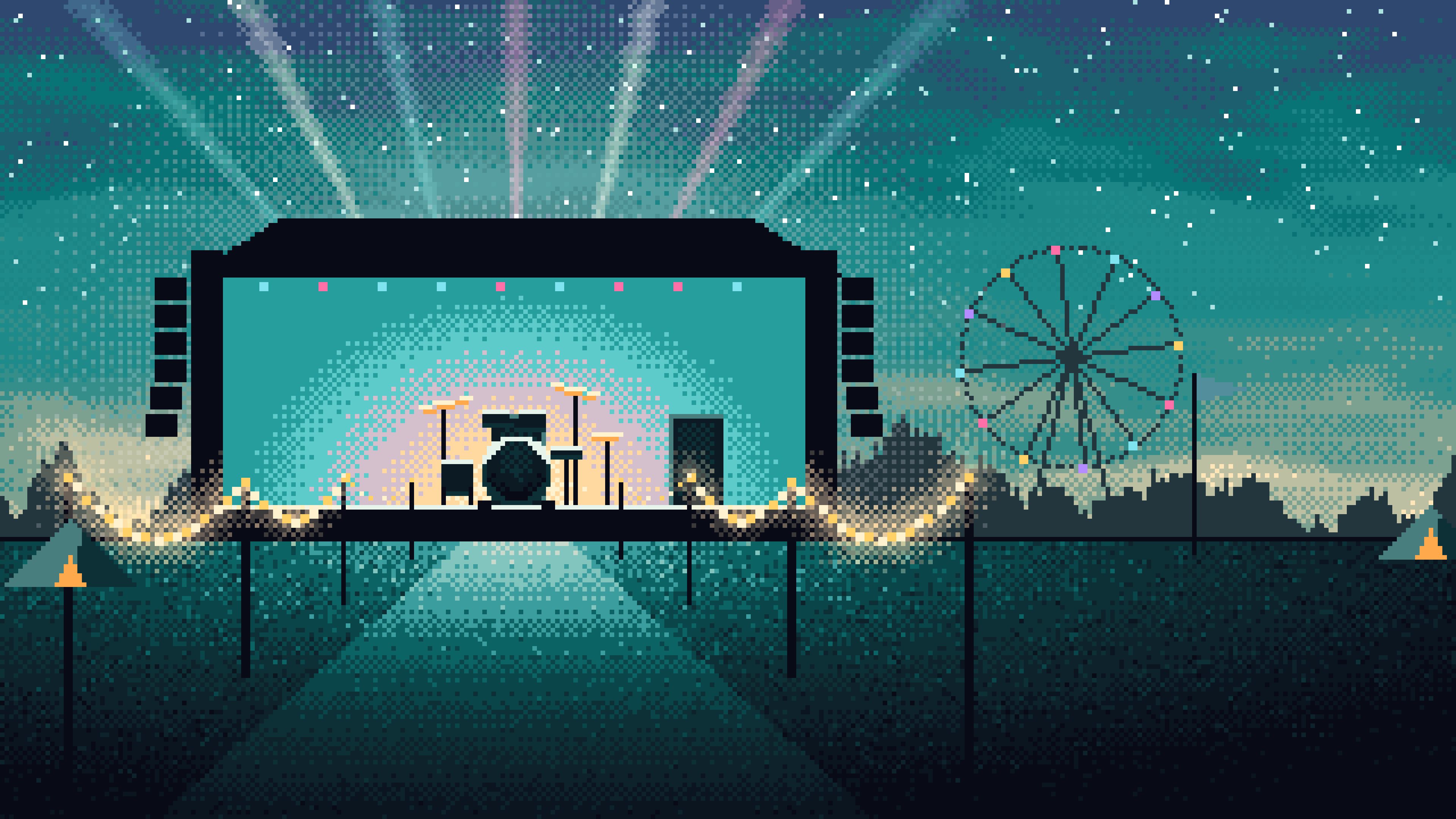 Teal Pixel Art Music Festival Wallpaper – 4K & iPhone