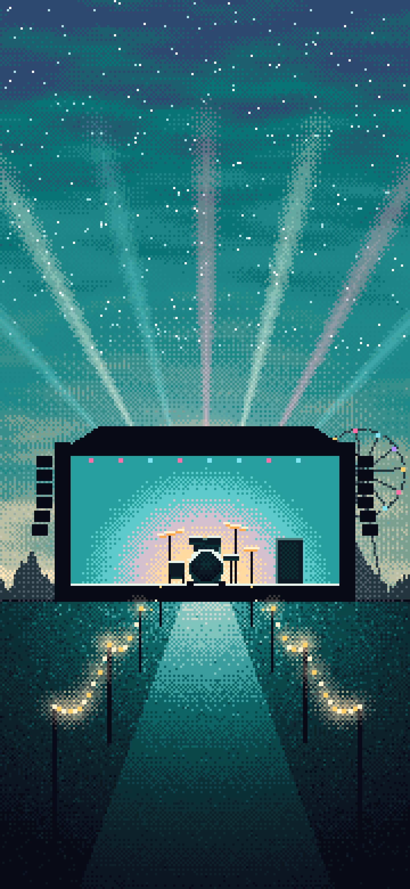 Teal Pixel Art Music Festival wallpaper for iPhone and Android