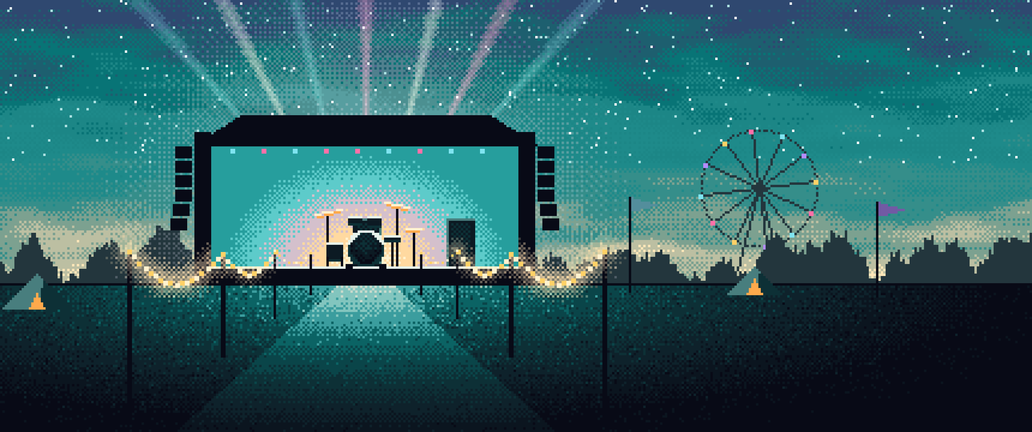 Teal Pixel Art Music Festival Wallpaper – 4K & iPhone