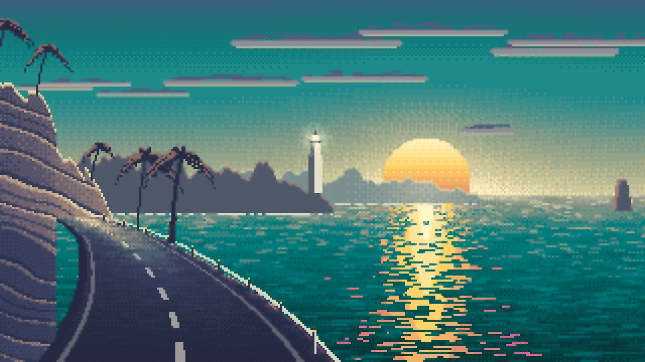 Teal Pixel Art Ocean Road at Sunset desktop wallpaper in 4K
