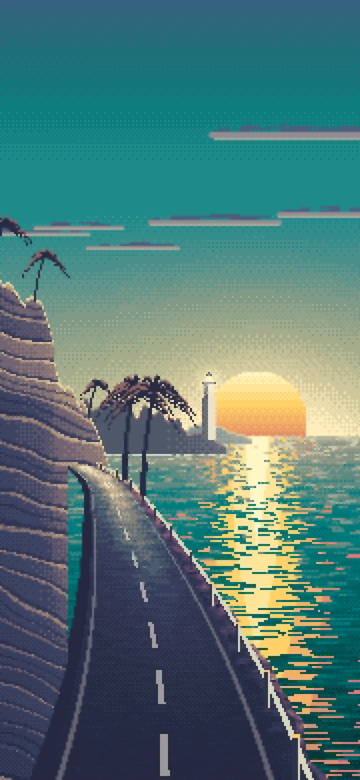Teal Pixel Art Ocean Road at Sunset wallpaper for iPhone and Android