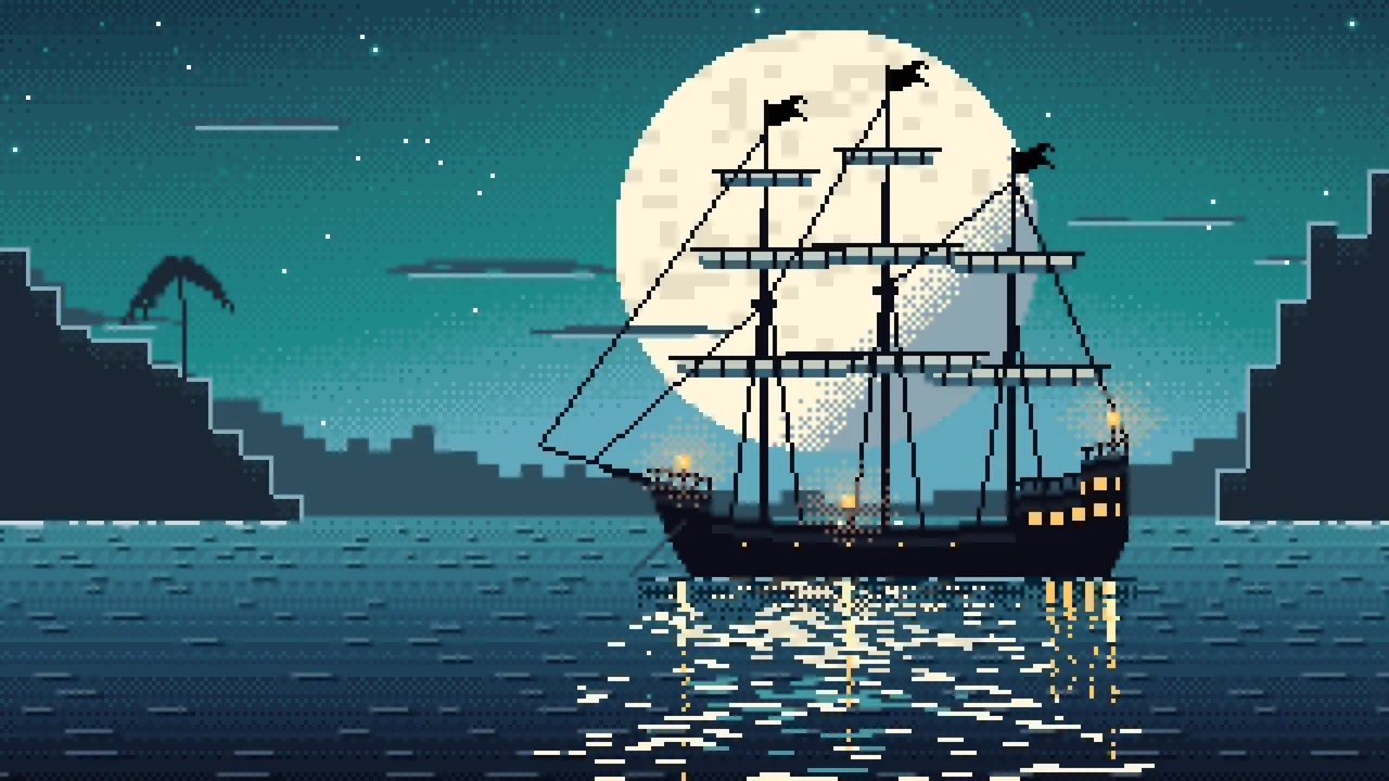 Teal Pixel Art Pirate Ship in a Moonlit Cove desktop wallpaper in 4K