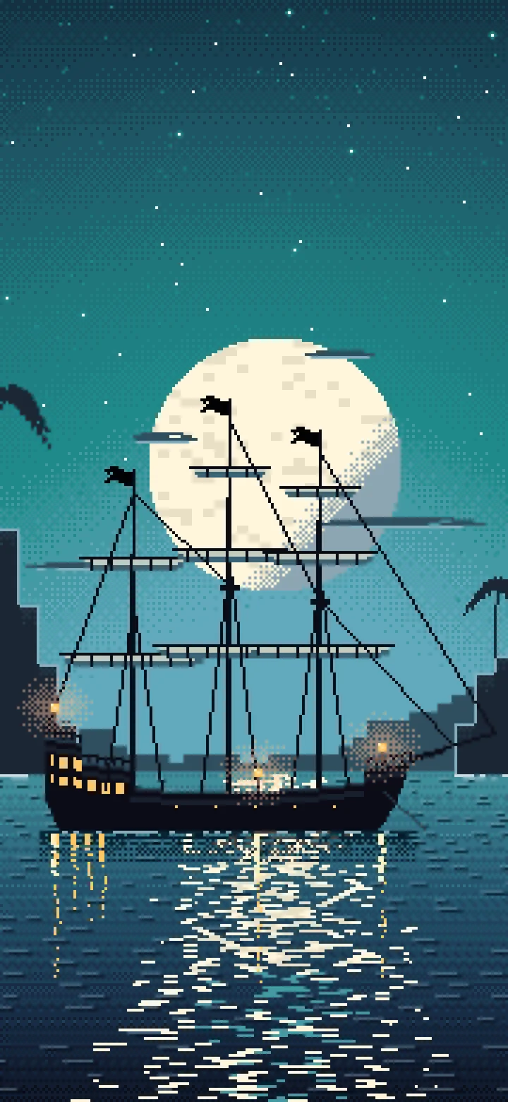 Teal Pixel Art Pirate Ship in a Moonlit Cove wallpaper for iPhone and Android