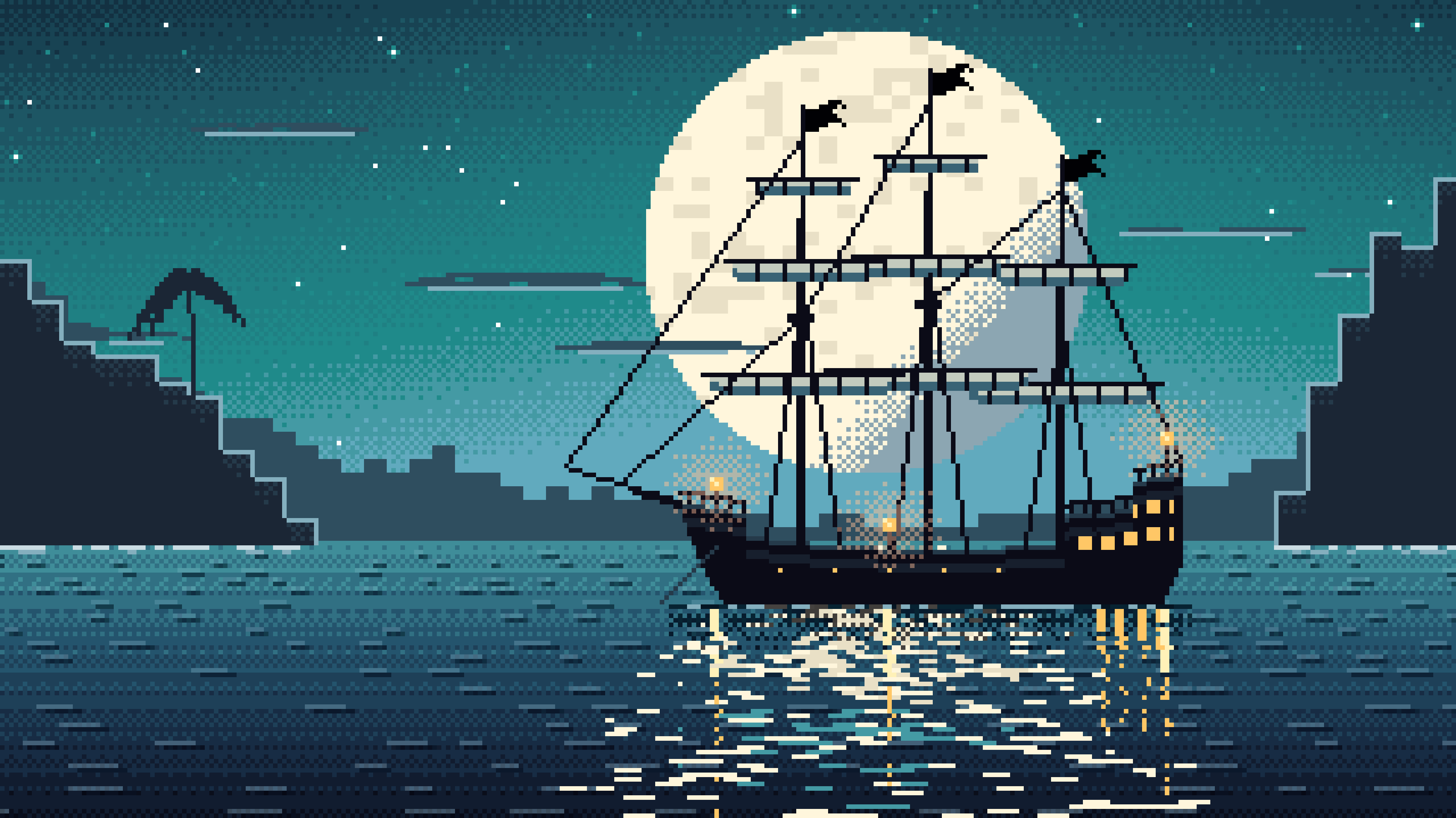 Teal Pixel Art Pirate Ship in a Moonlit Cove desktop wallpaper in 4K