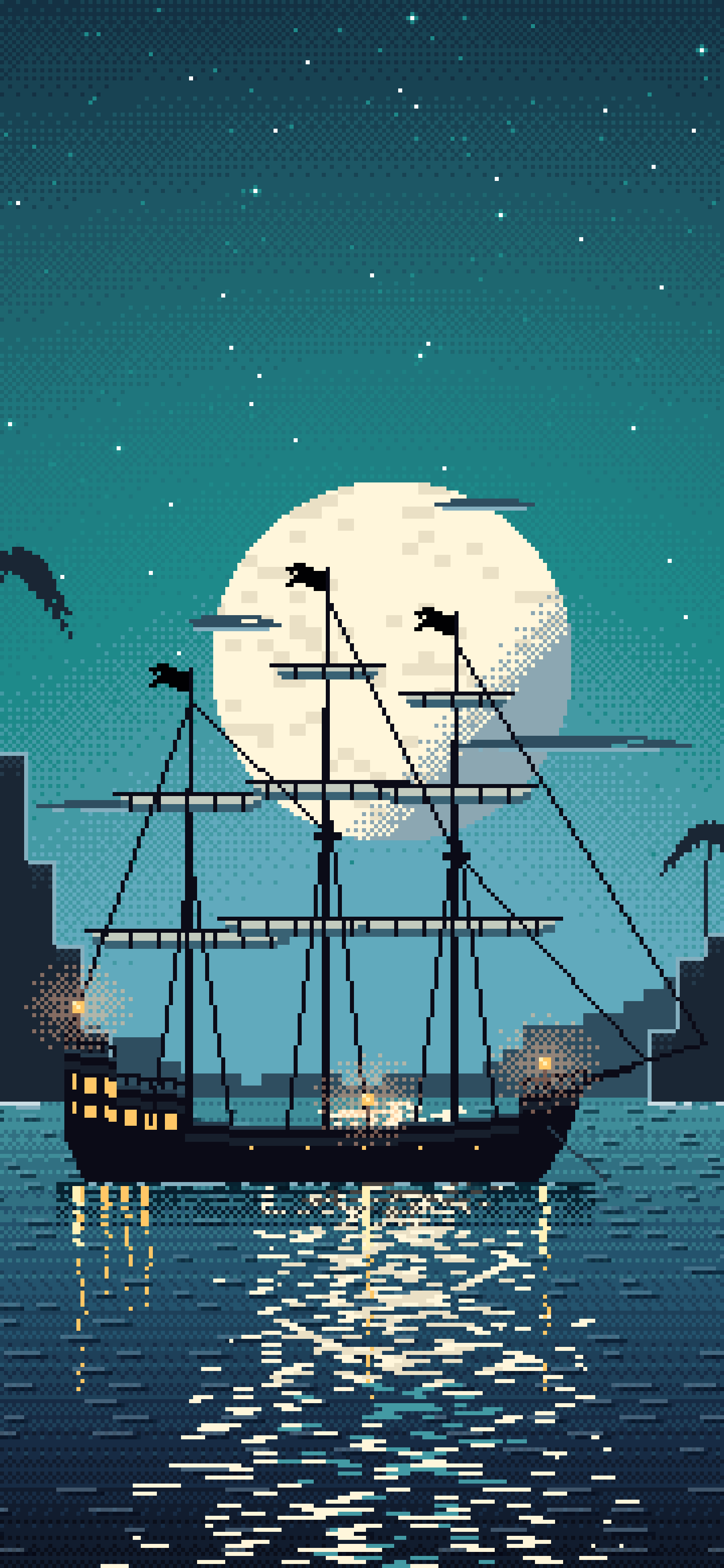 Teal Pixel Art Pirate Ship in a Moonlit Cove wallpaper for iPhone and Android