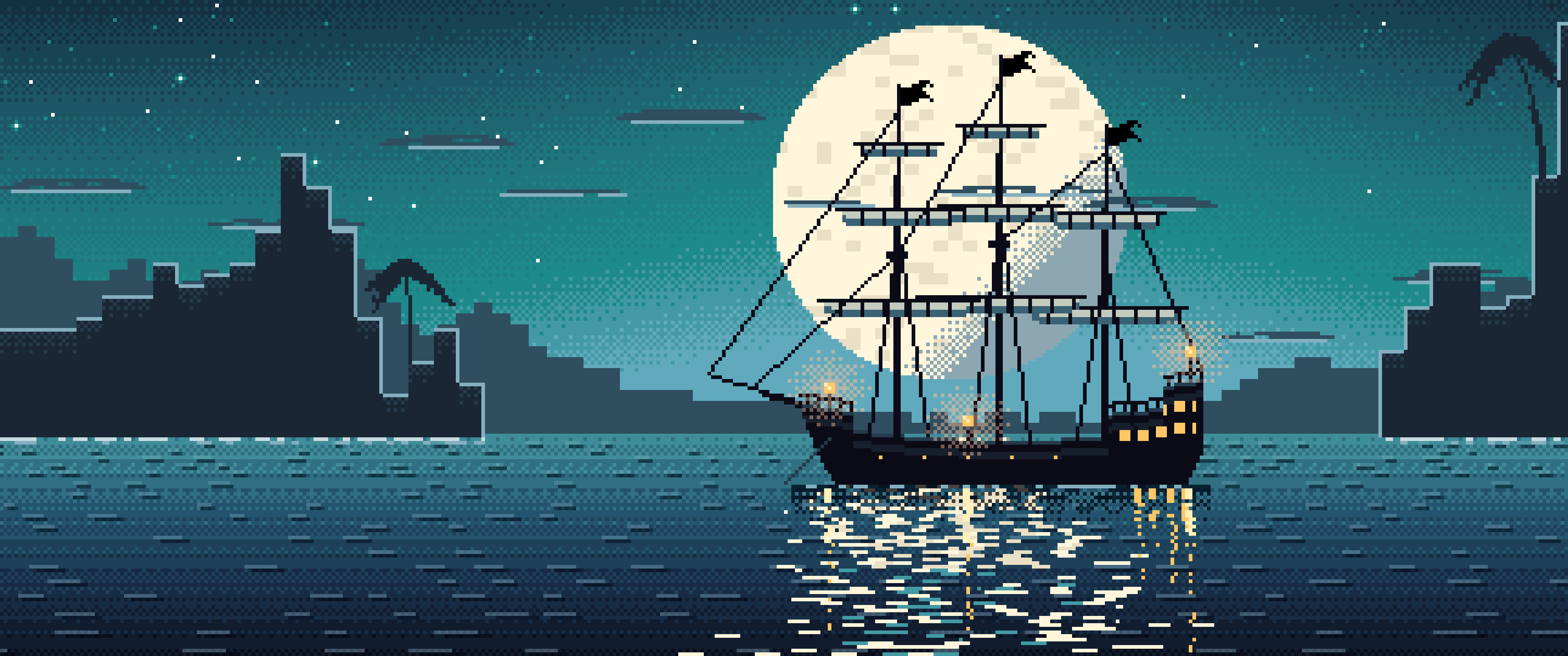 Teal Pixel Art Pirate Ship in a Moonlit Cove ultrawide wallpaper, 3440 × 1440