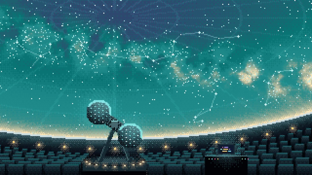 Teal Pixel Art Planetarium Dome at Night desktop wallpaper in 4K