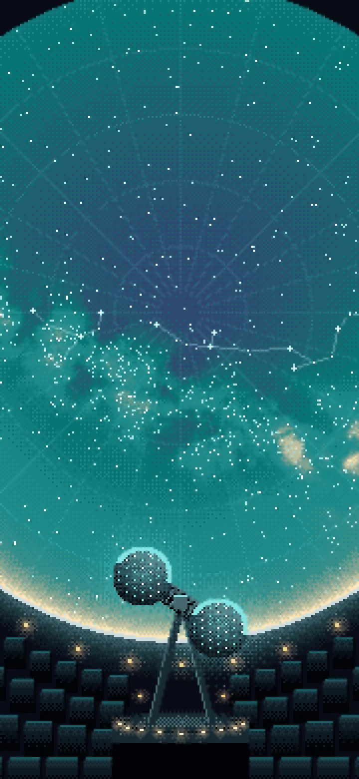 Teal Pixel Art Planetarium Dome at Night wallpaper for iPhone and Android