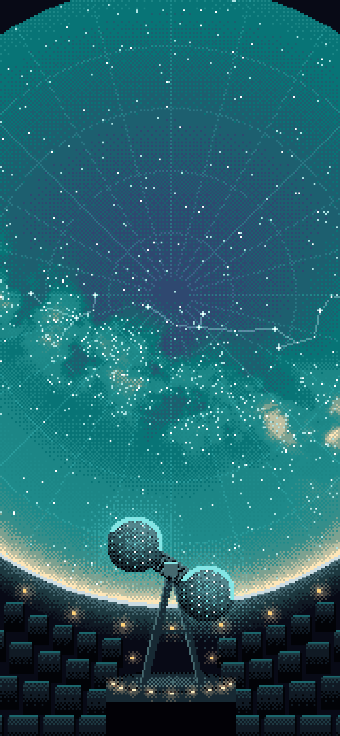 Teal Pixel Art Planetarium Dome at Night wallpaper for iPhone and Android