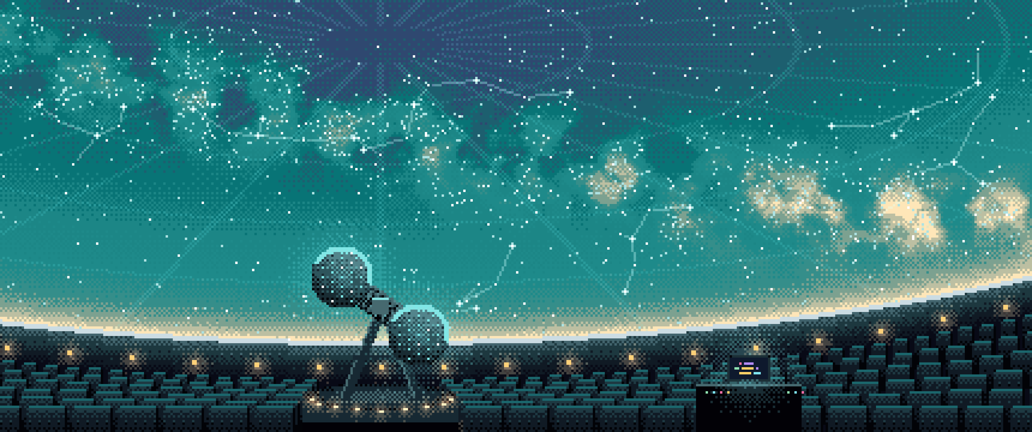 Teal Pixel Art Planetarium Dome at Night ultrawide wallpaper, 3440 × 1440