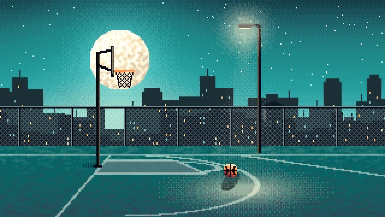 Teal Pixel Art Rooftop Basketball Court desktop wallpaper in 4K