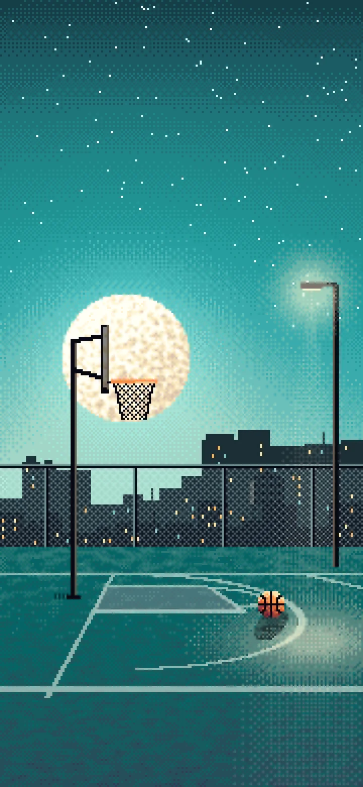 Teal Pixel Art Rooftop Basketball Court wallpaper for iPhone and Android