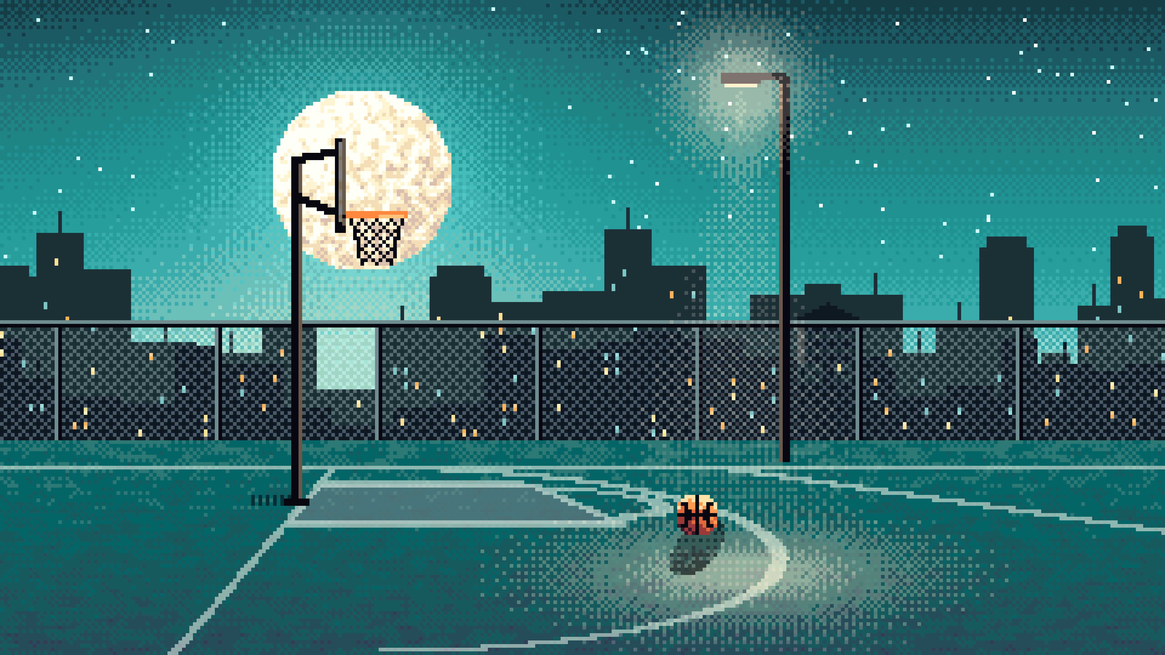 Teal Pixel Art Rooftop Basketball Court desktop wallpaper in 4K