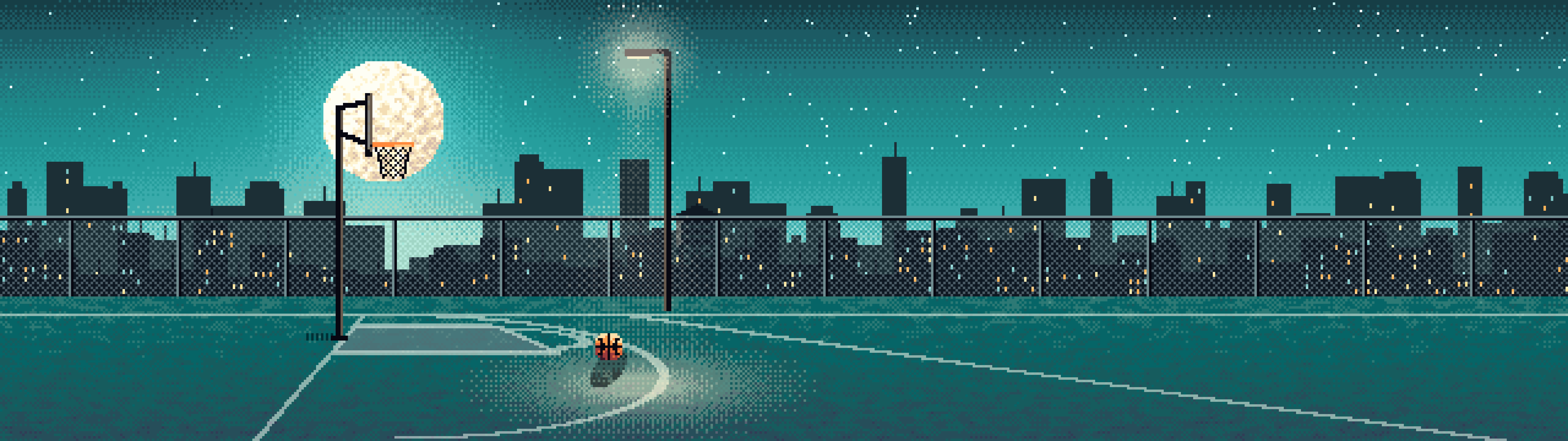 Teal Pixel Art Rooftop Basketball Court dual monitor wallpaper, 7680 × 2160