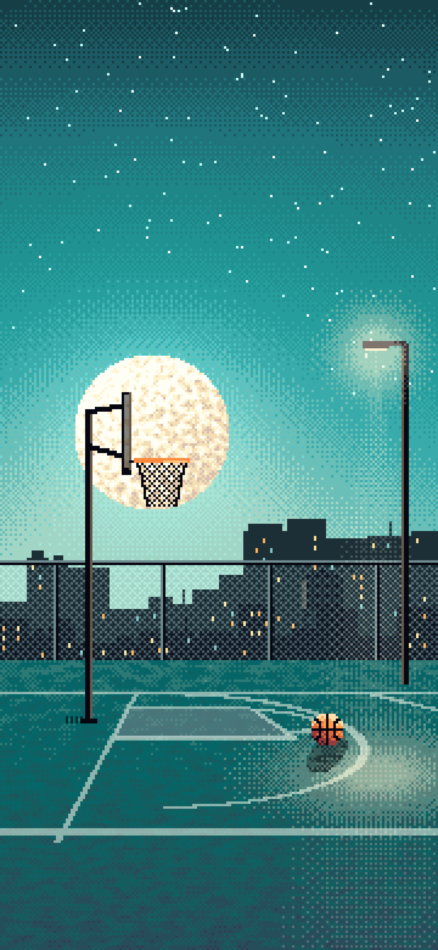 Teal Pixel Art Rooftop Basketball Court wallpaper for iPhone and Android