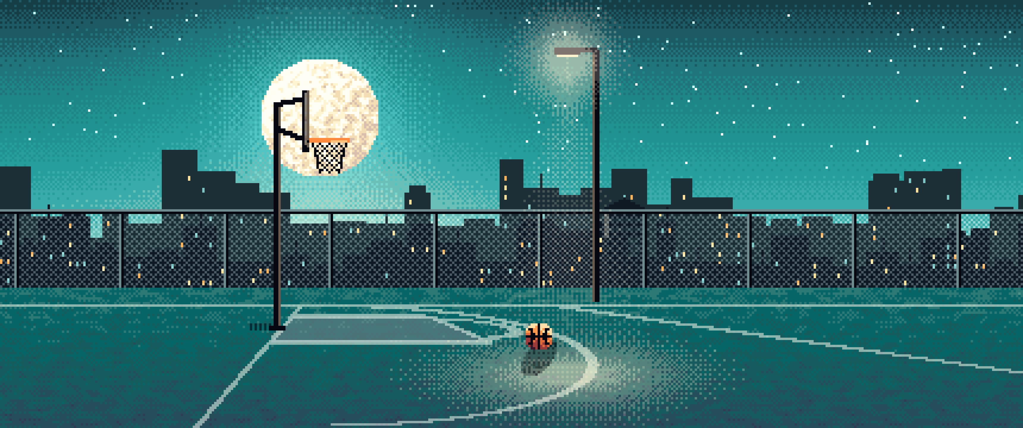 Teal Pixel Art Rooftop Basketball Court ultrawide wallpaper, 3440 × 1440