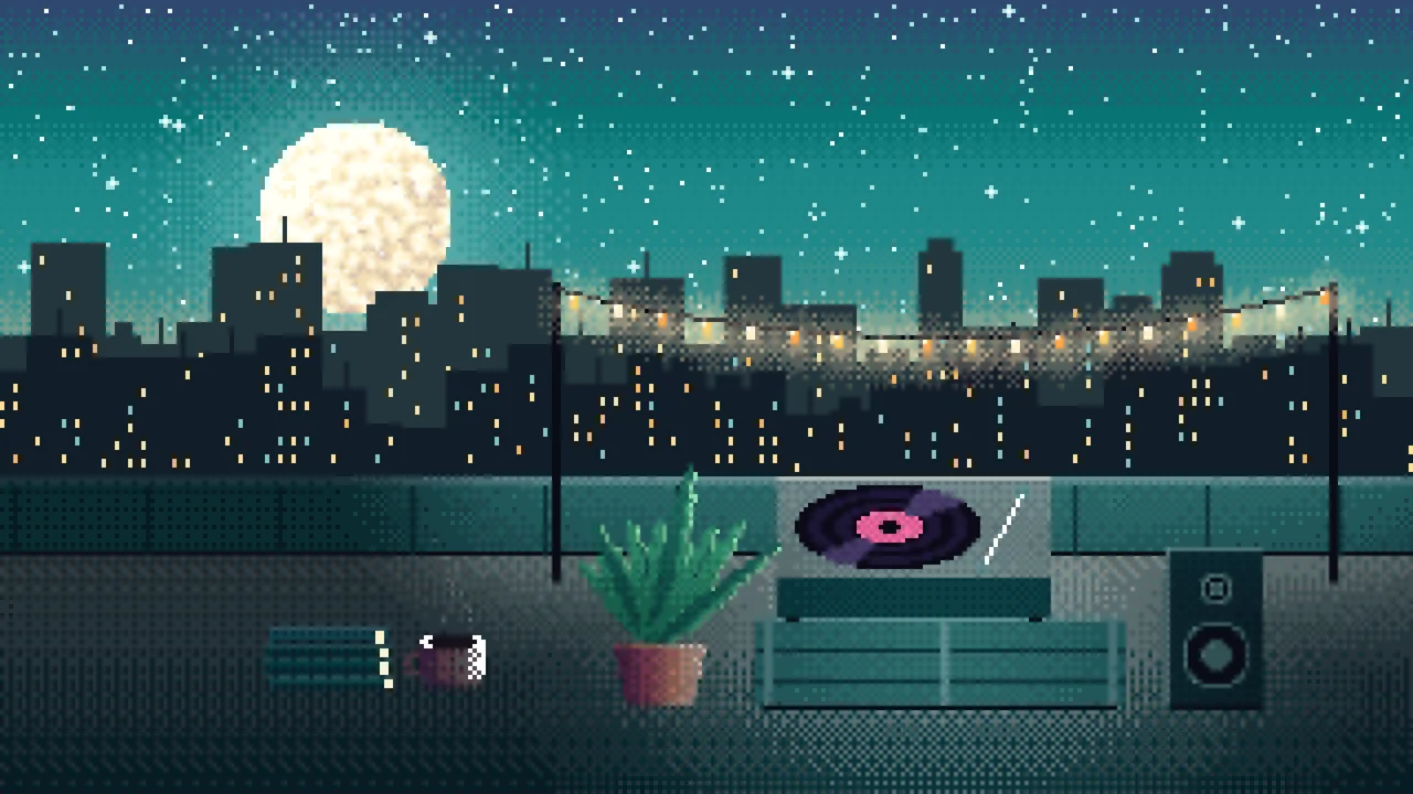 Teal Pixel Art Rooftop Record Player desktop wallpaper in 4K
