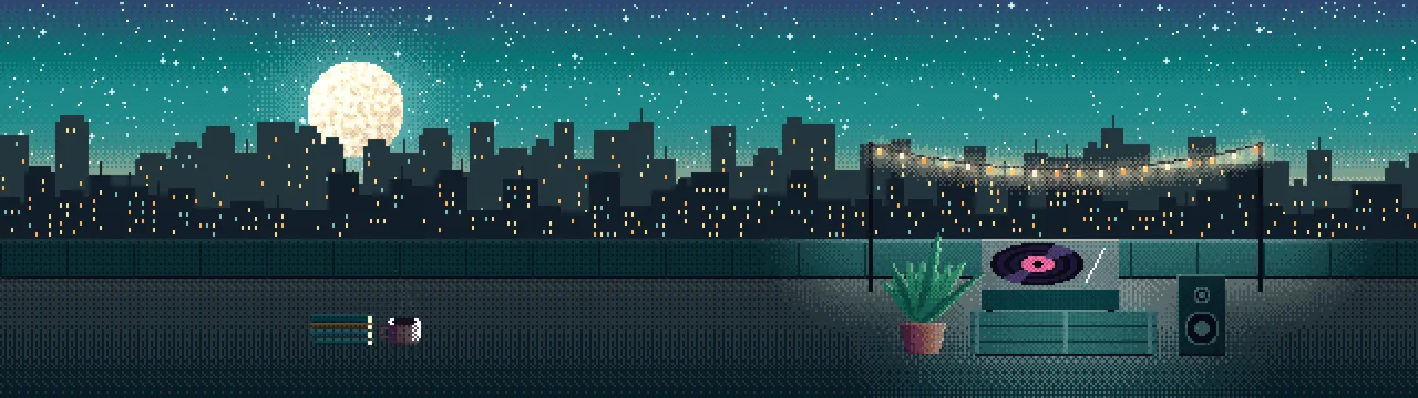 Teal Pixel Art Rooftop Record Player dual monitor wallpaper, 7680 × 2160
