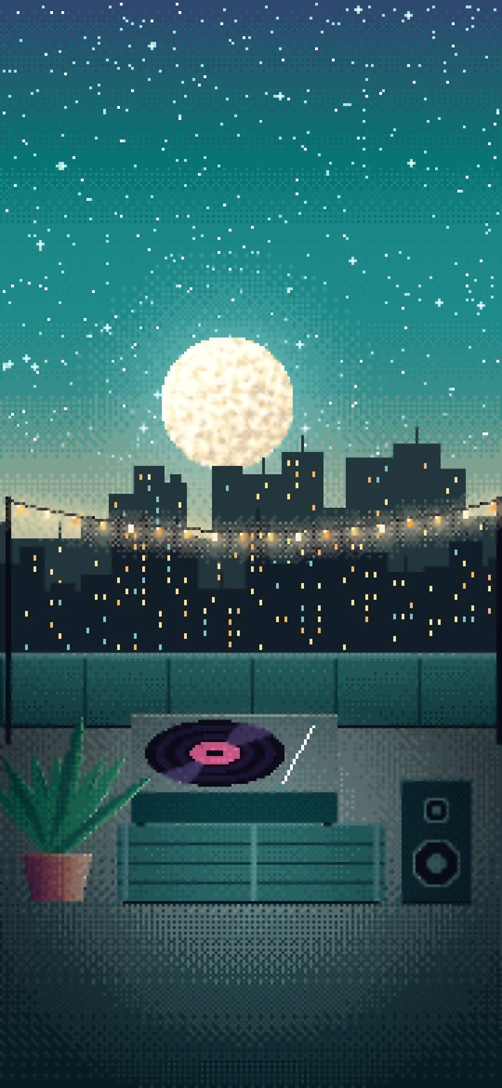 Teal Pixel Art Rooftop Record Player wallpaper for iPhone and Android