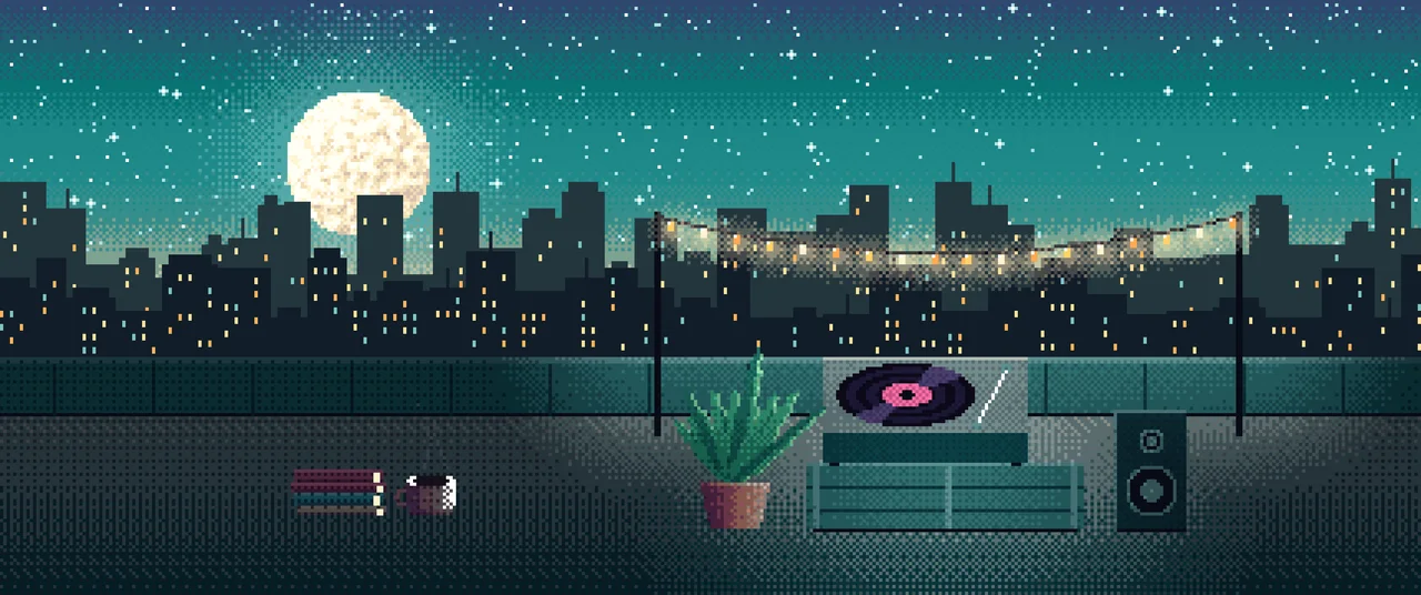 Teal Pixel Art Rooftop Record Player ultrawide wallpaper, 3440 × 1440