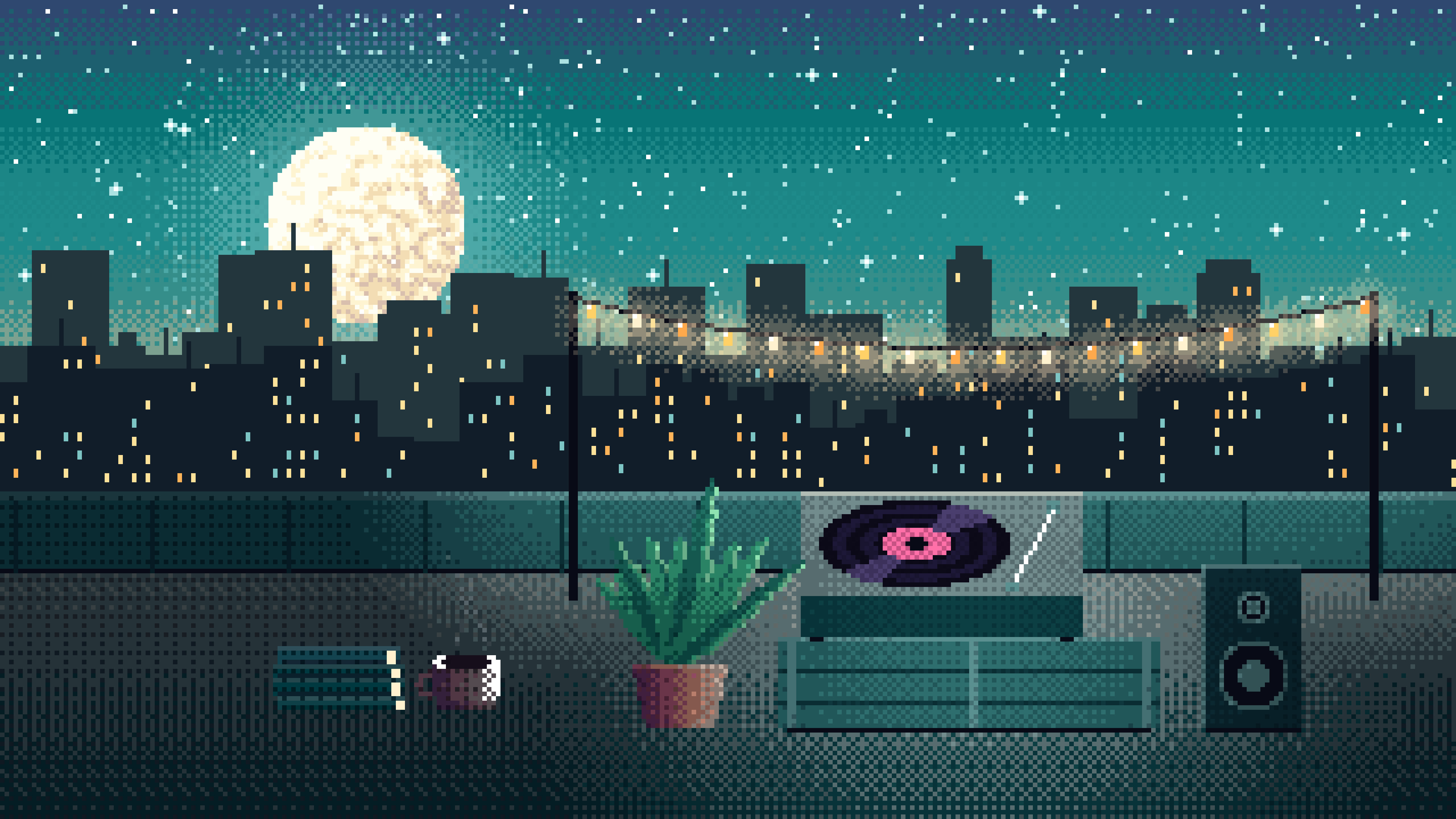 Teal Pixel Art Rooftop Record Player desktop wallpaper in 4K