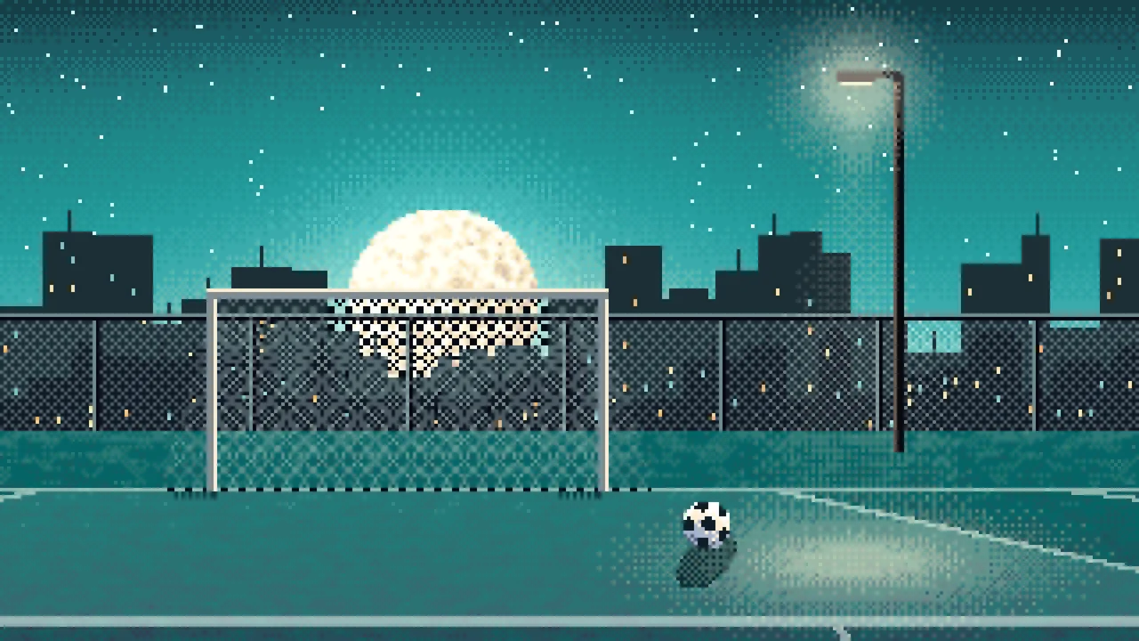 Teal Pixel Art Rooftop Soccer Pitch desktop wallpaper in 4K