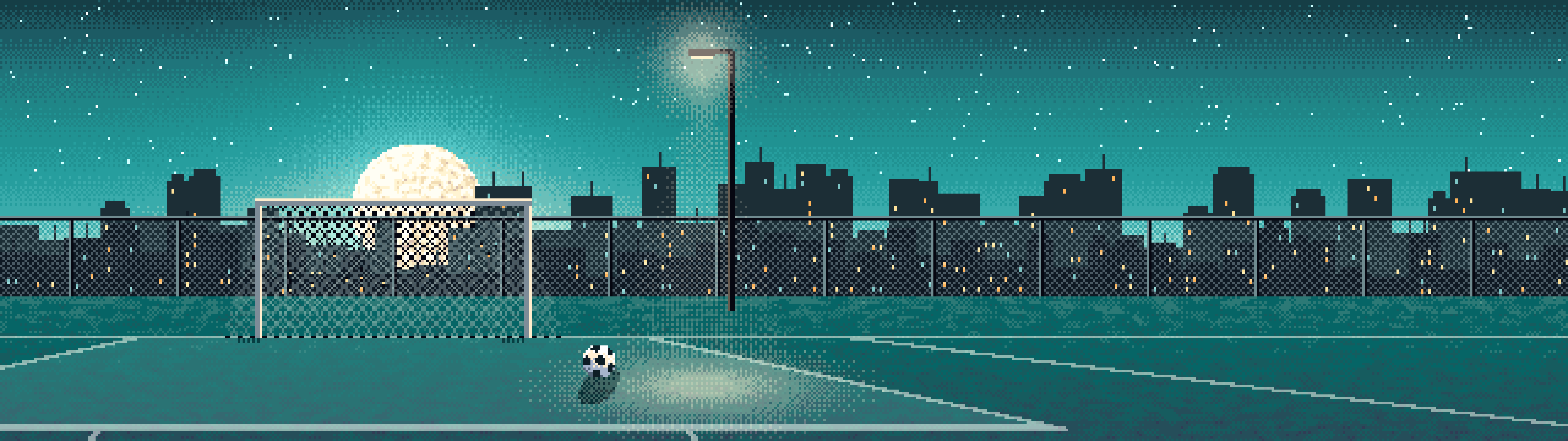 Teal Pixel Art Rooftop Soccer Pitch Wallpaper – 4K & iPhone
