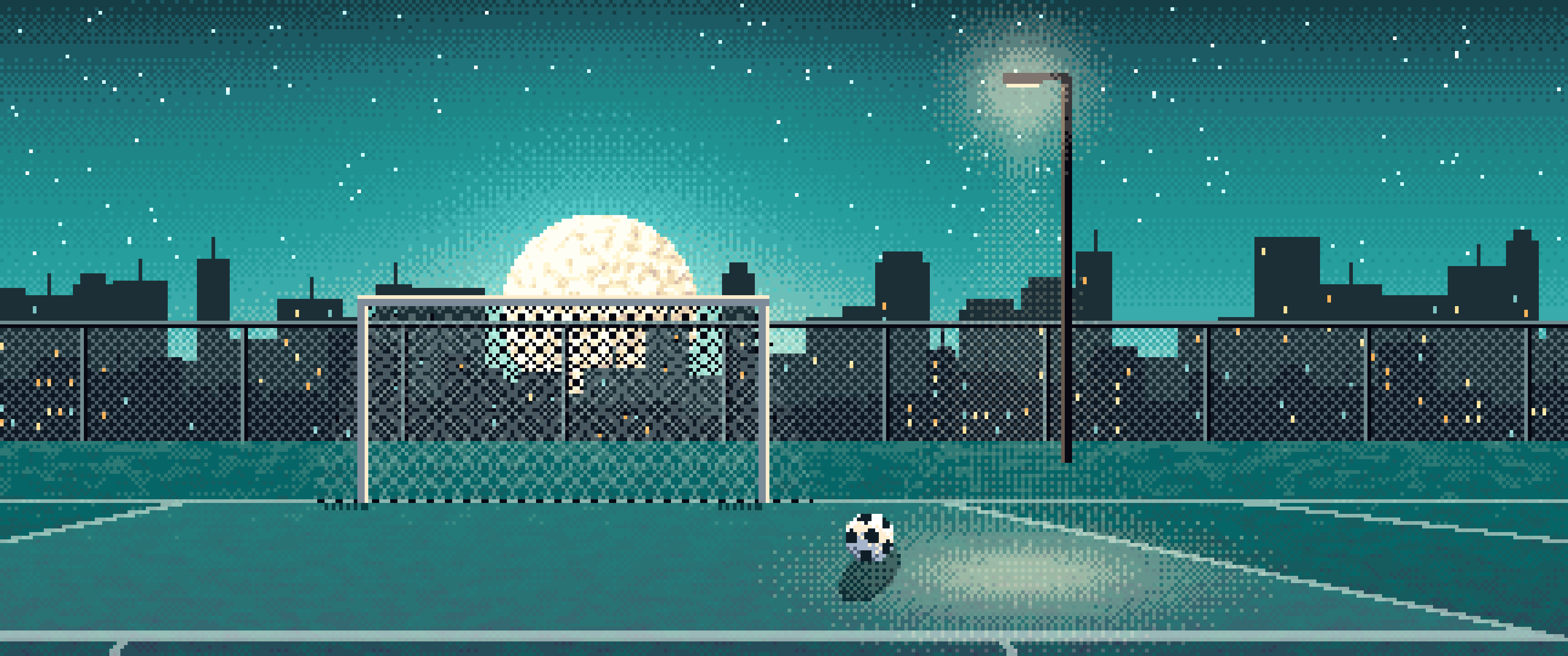 Teal Pixel Art Rooftop Soccer Pitch ultrawide wallpaper, 3440 × 1440