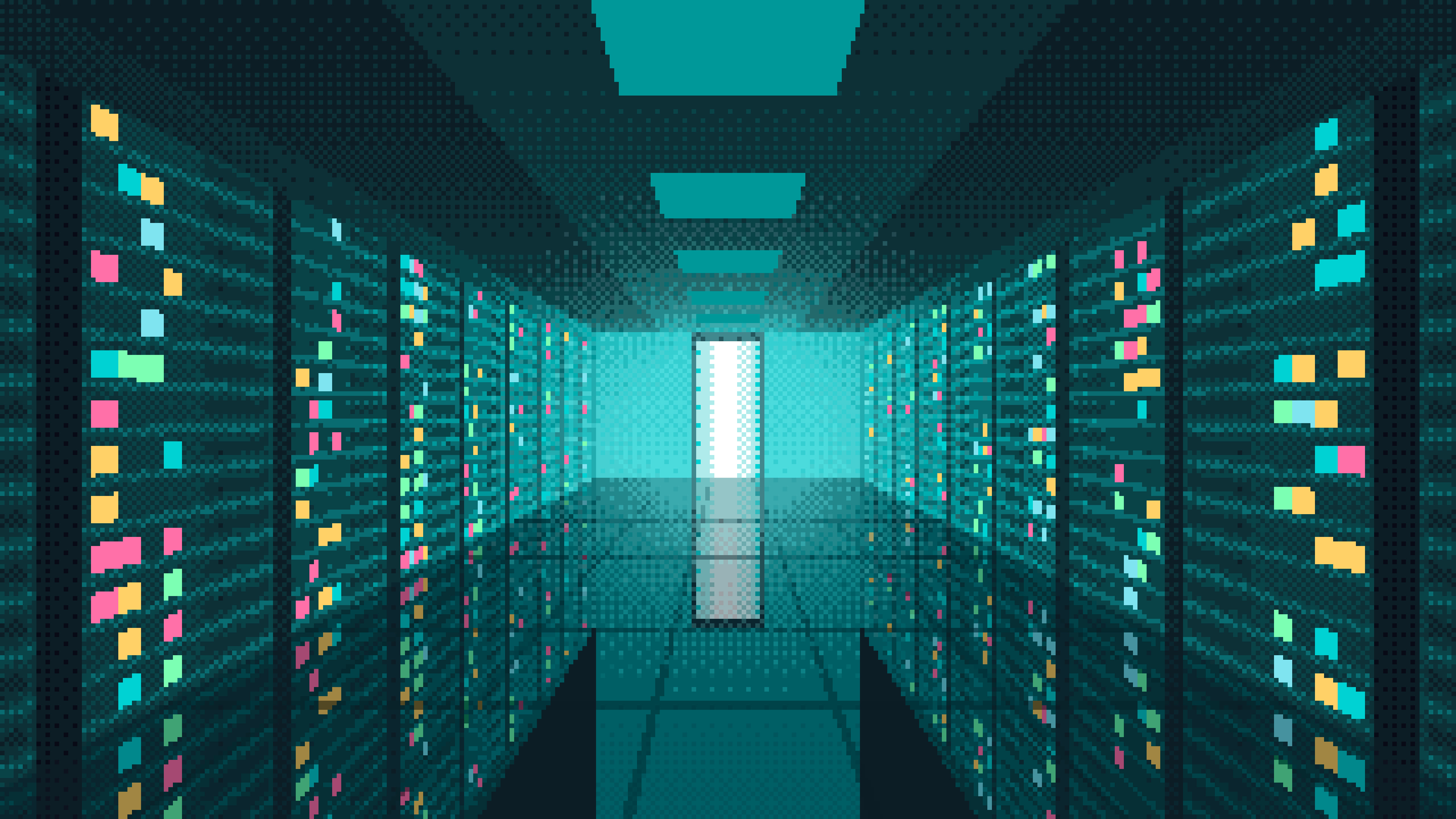 Teal Pixel Art Server Room desktop wallpaper in 4K
