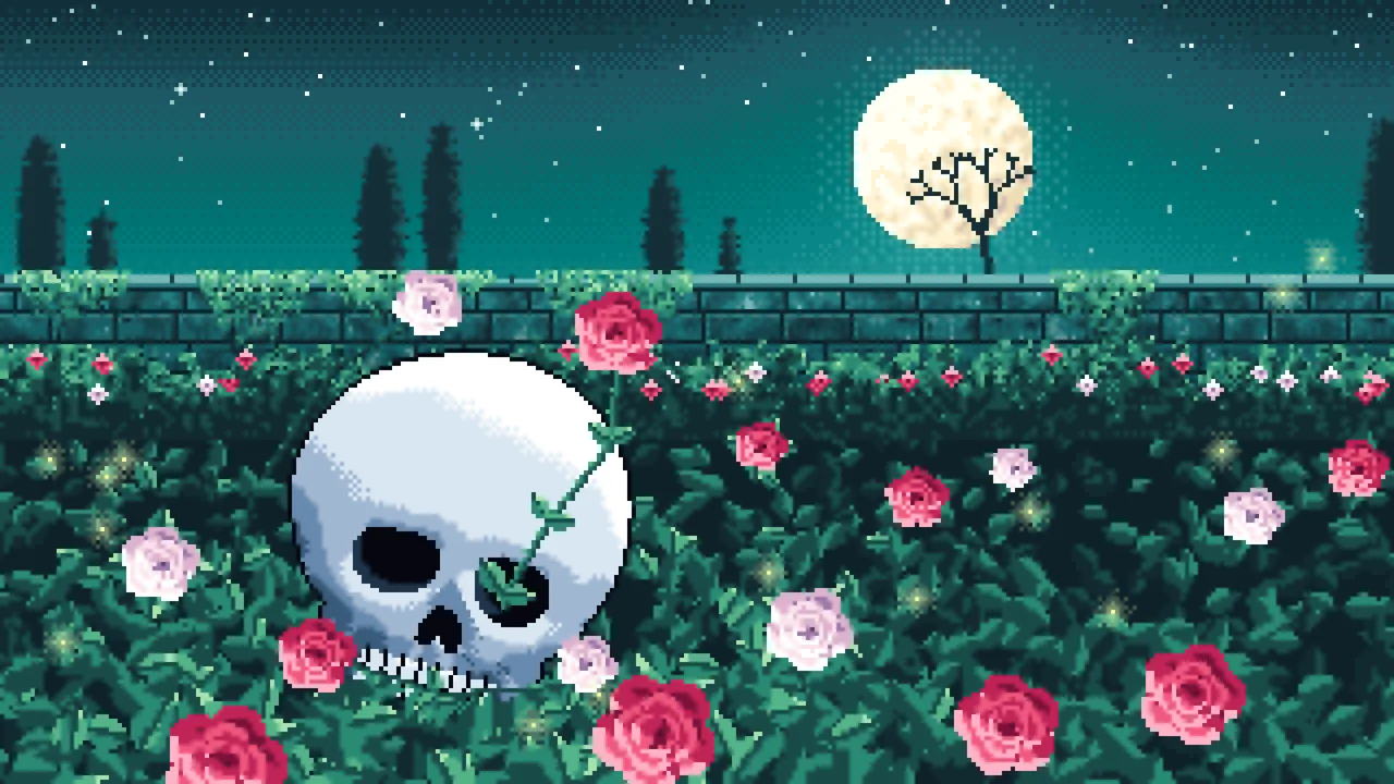 Teal Pixel Art Skull and Roses by Moonlight desktop wallpaper in 4K