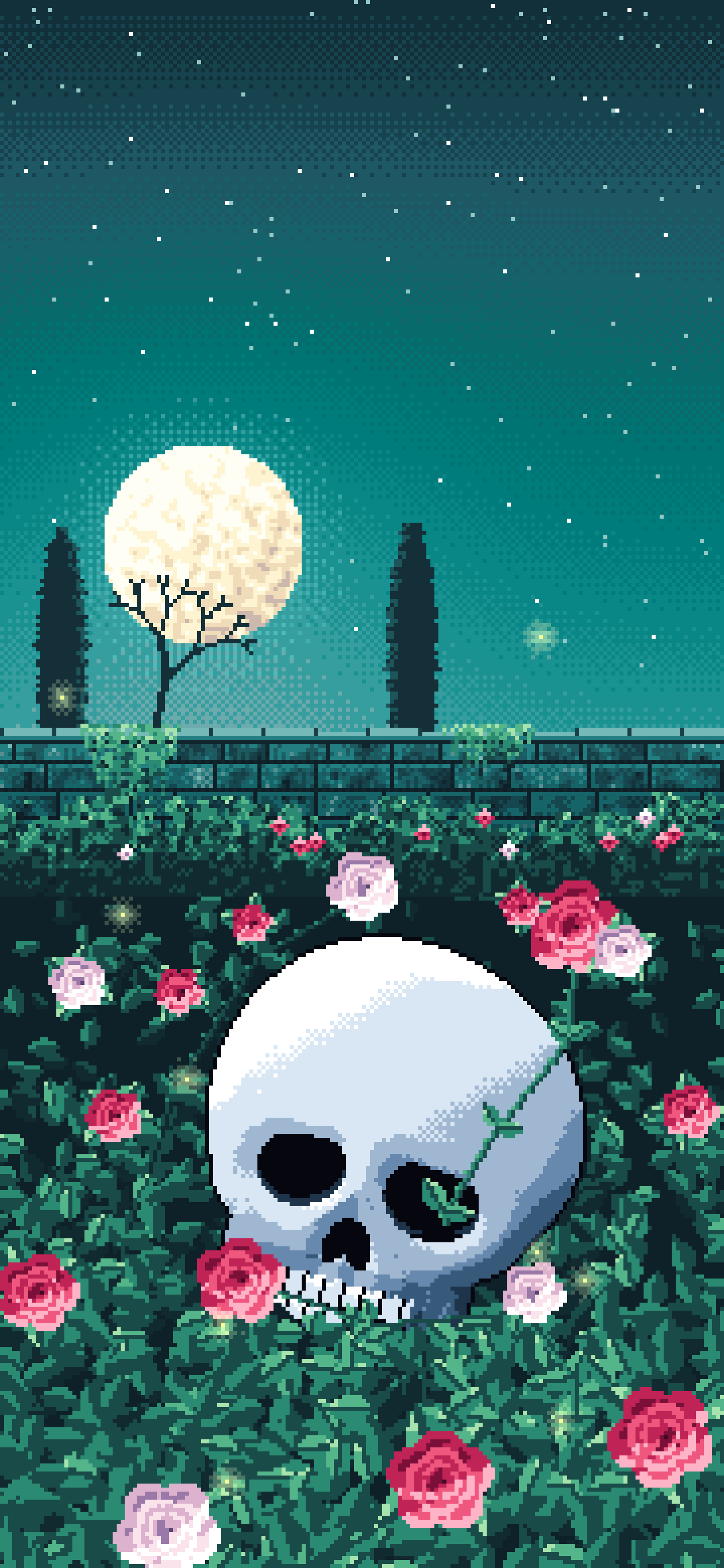 Teal Pixel Art Skull and Roses by Moonlight wallpaper for iPhone and Android
