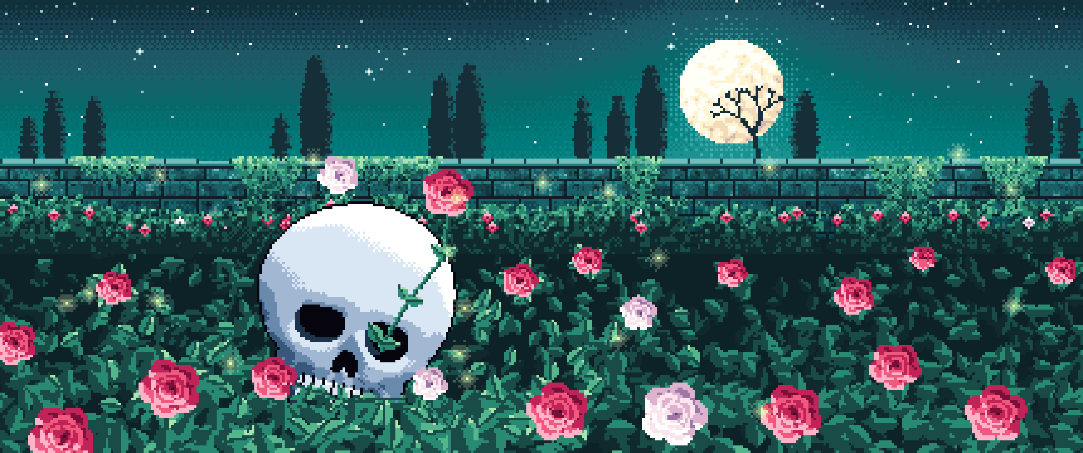 Teal Pixel Art Skull and Roses by Moonlight ultrawide wallpaper, 3440 × 1440