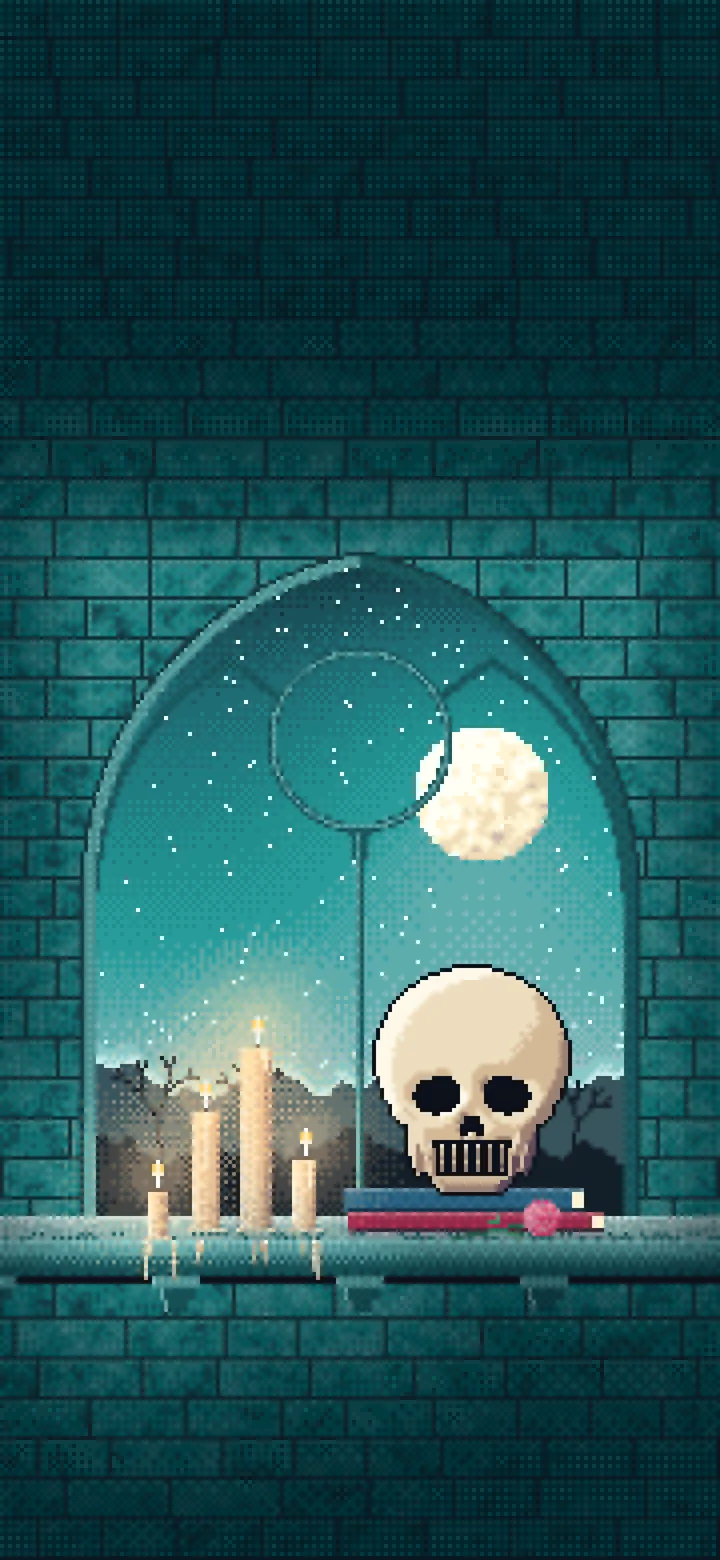 Teal Pixel Art Skull by Candlelight wallpaper for iPhone and Android