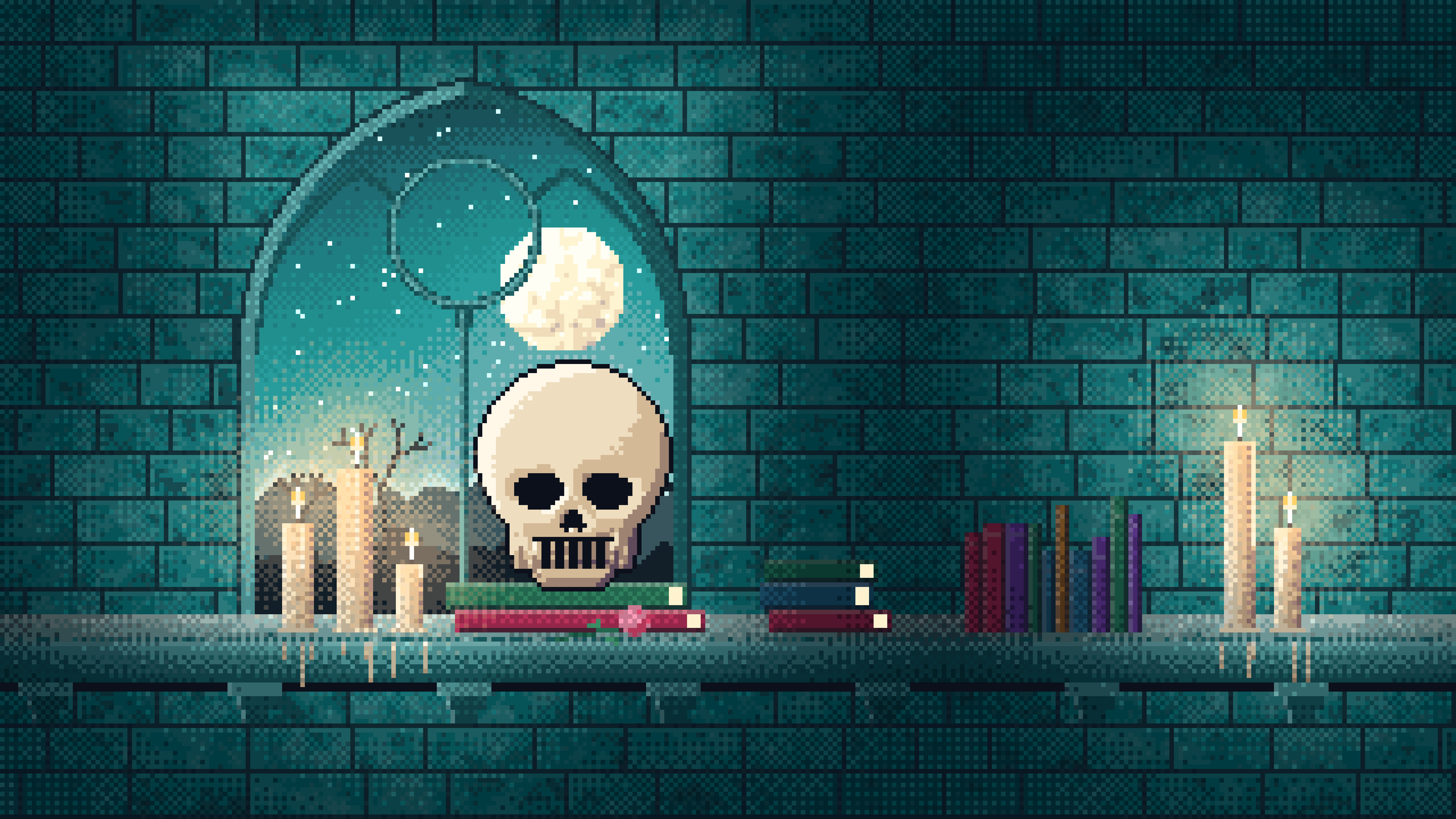 Teal Pixel Art Skull by Candlelight desktop wallpaper in 4K