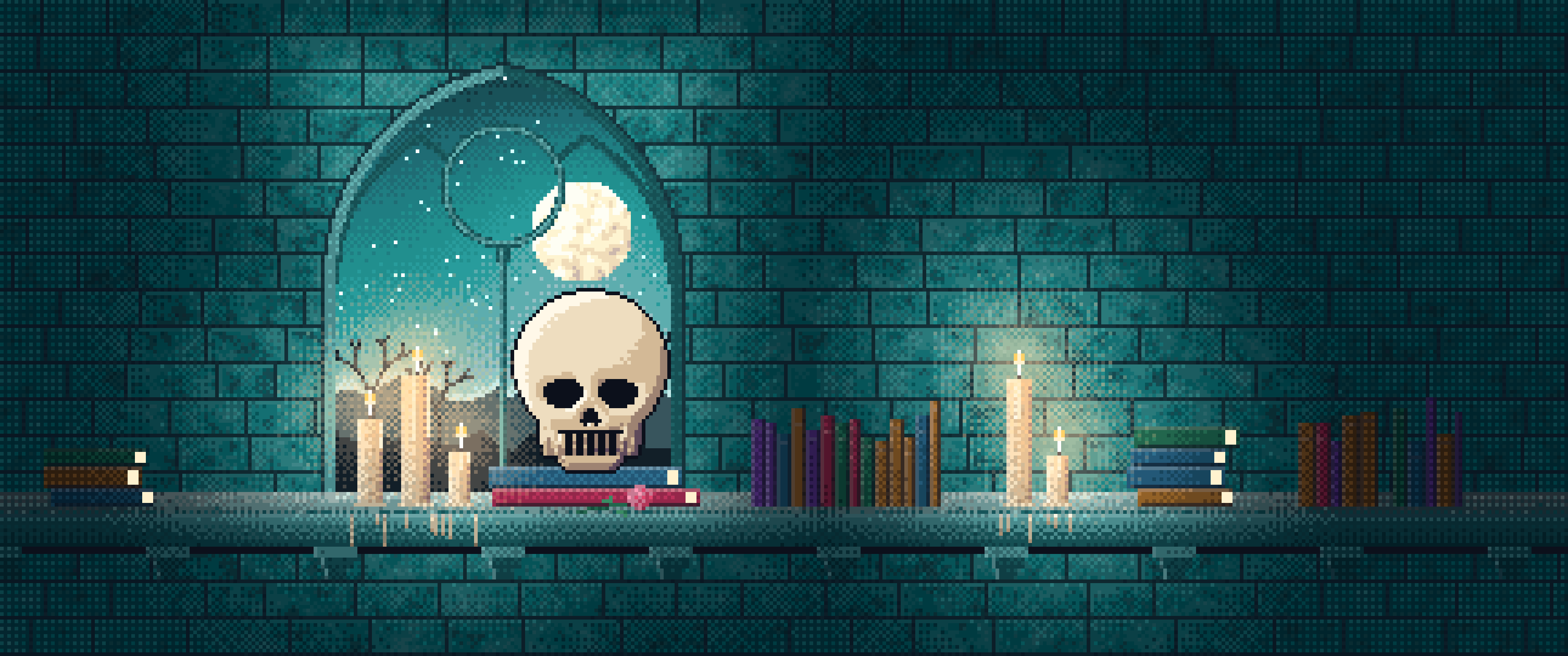 Teal Pixel Art Skull by Candlelight ultrawide wallpaper, 3440 × 1440