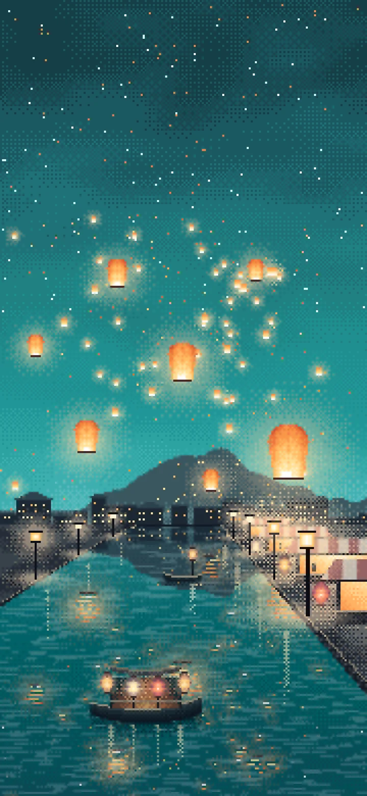 Teal Pixel Art Sky Lanterns Over a River wallpaper for iPhone and Android