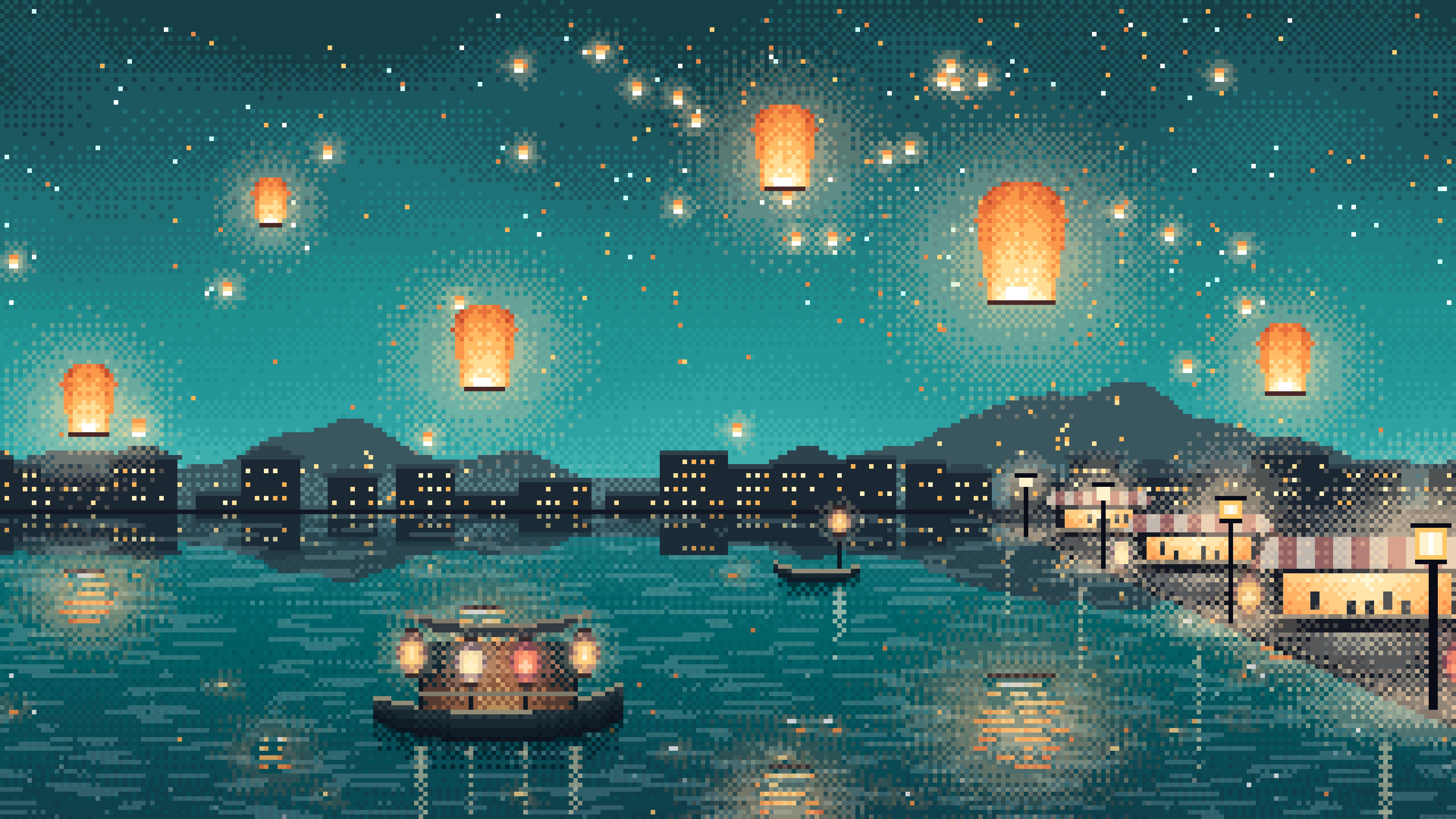 Teal Pixel Art Sky Lanterns Over a River desktop wallpaper in 4K