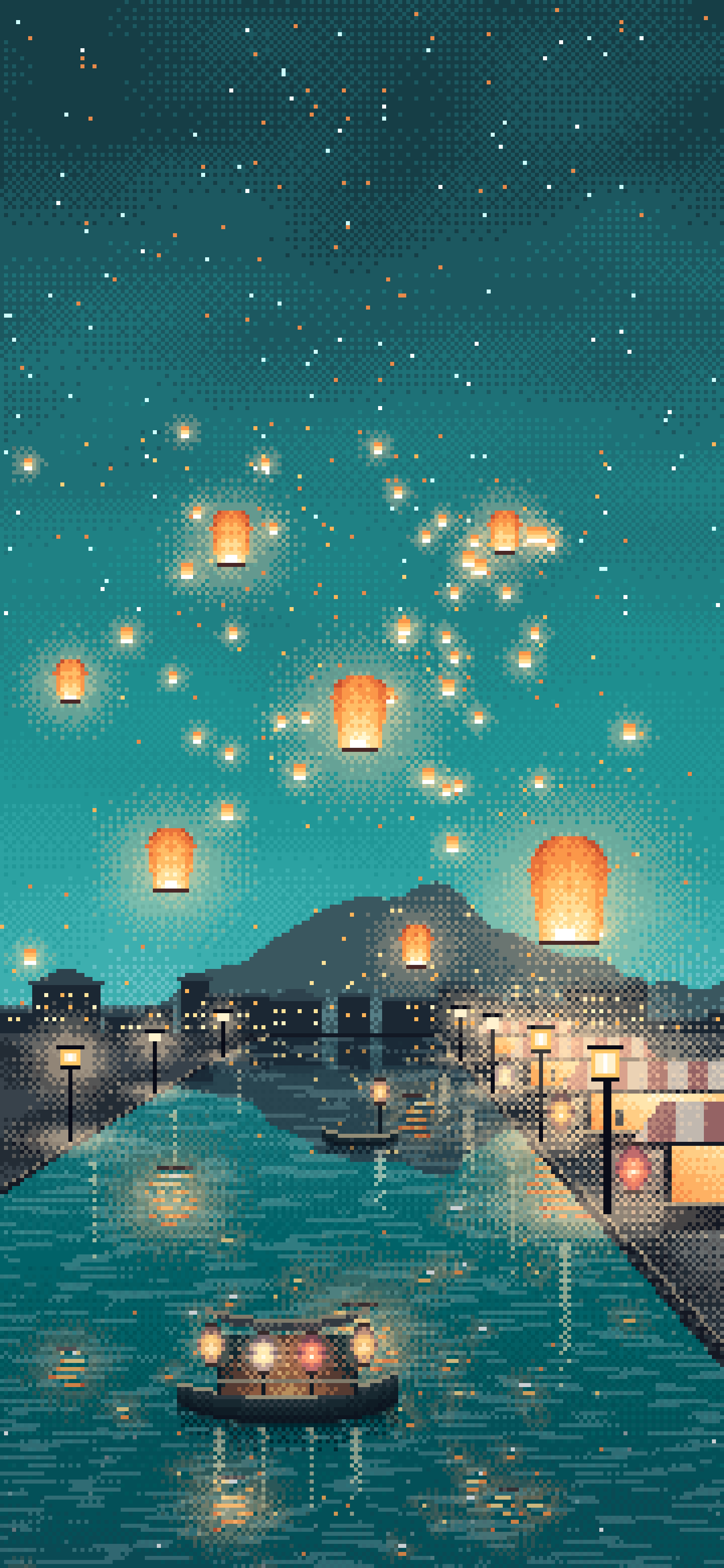 Teal Pixel Art Sky Lanterns Over a River wallpaper for iPhone and Android