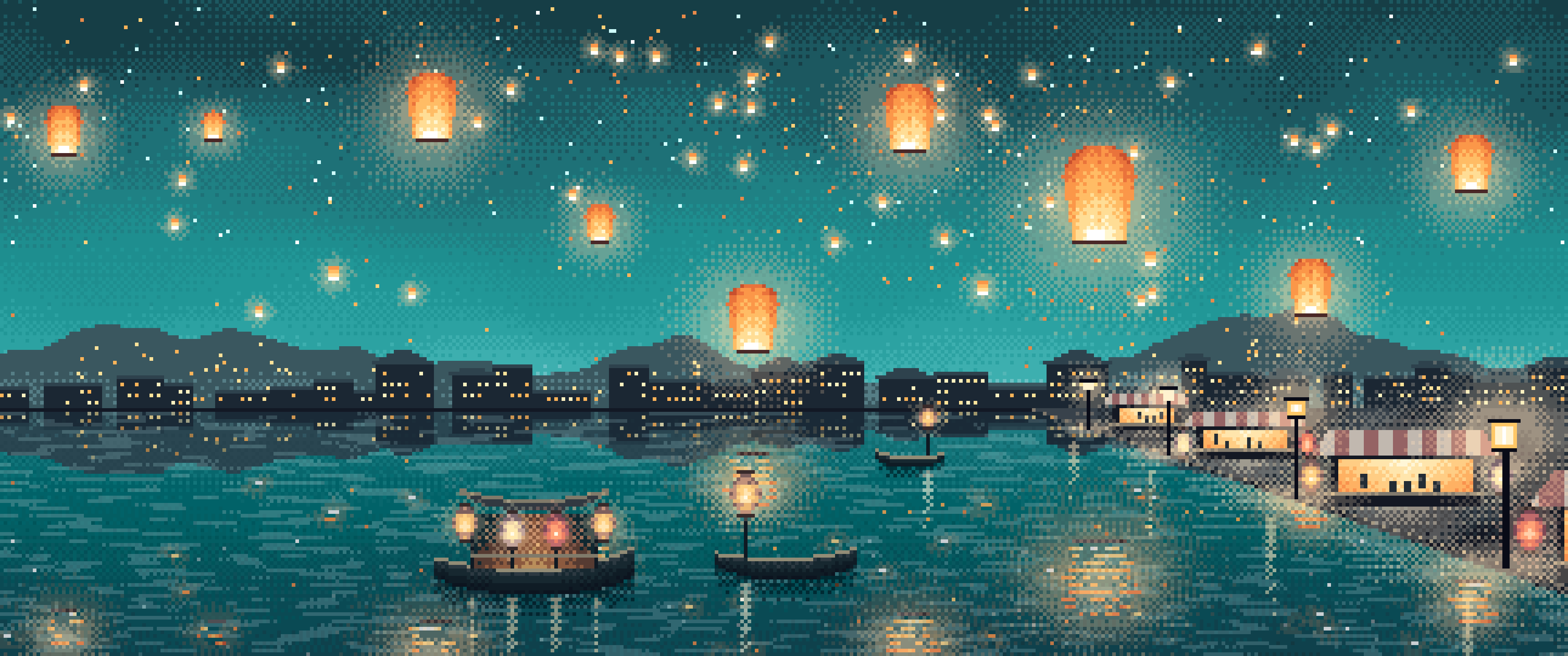 Teal Pixel Art Sky Lanterns Over a River ultrawide wallpaper, 3440 × 1440