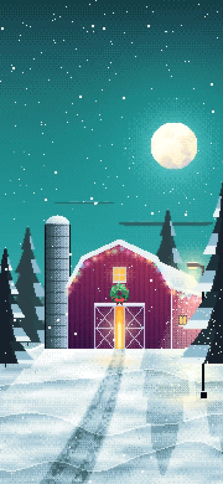 Teal Pixel Art Snowy Barn with Christmas Lights wallpaper for iPhone and Android