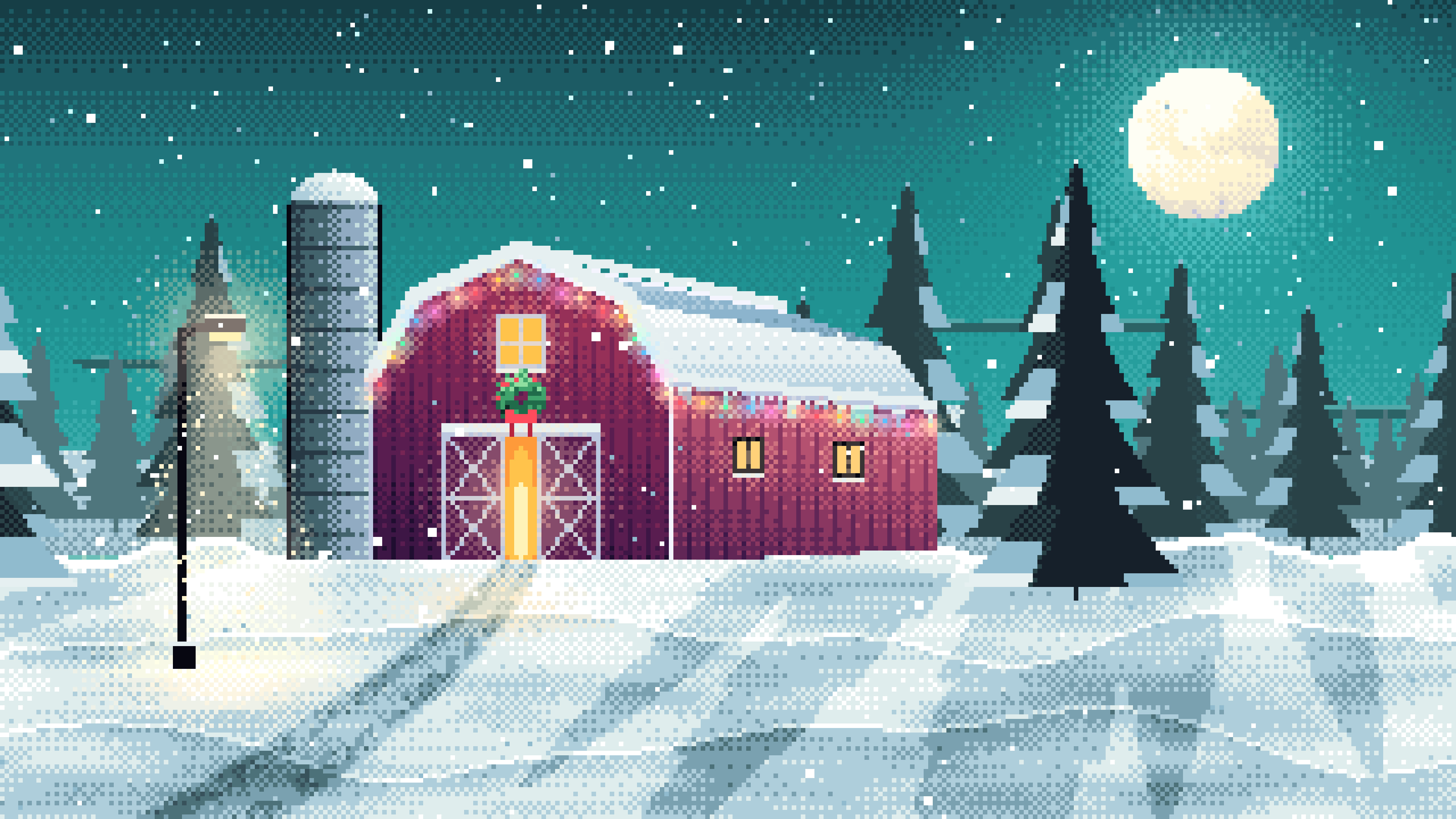 Teal Pixel Art Snowy Barn with Christmas Lights desktop wallpaper in 4K