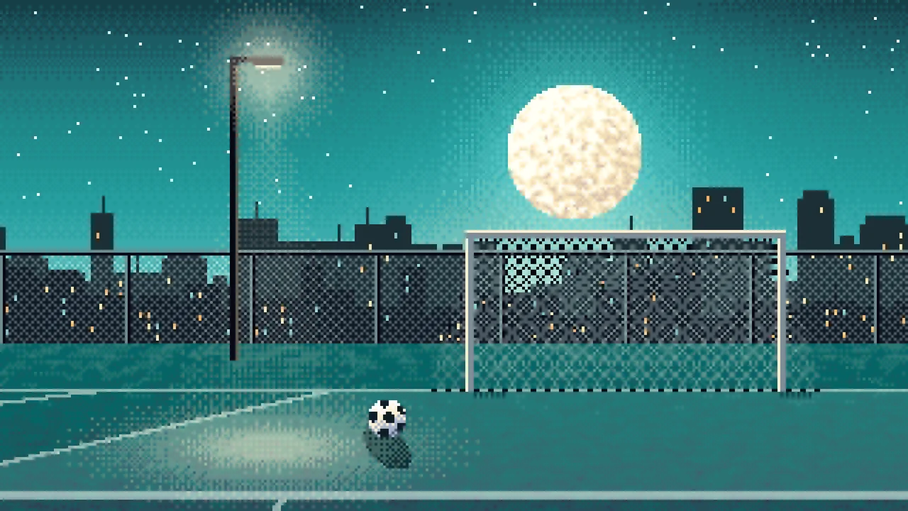 Teal Pixel Art Soccer Pitch Under the Moon desktop wallpaper in 4K